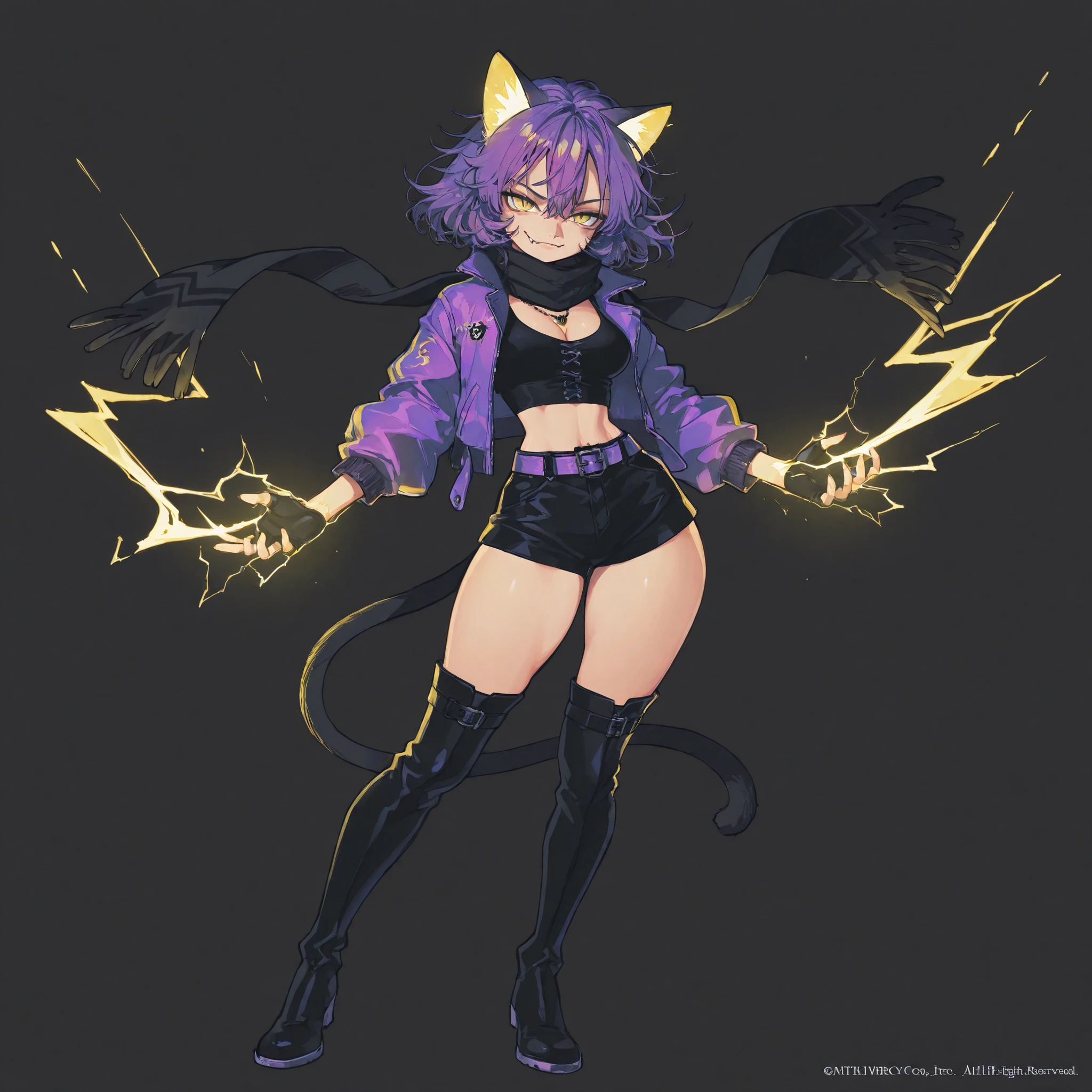 masterpiece, ultra-HD, impressionism, high detail, best quality, very aesthetic, 8K, best quality, beautiful, ultra-high resolution, 32K UHD, 4ki4k4ne_illu, 1girl, solo, short messy purple hair, yellow eyes, slit pupils, cat ears, cat tail, sharp fangs, medium breasts, narrow waist, wide hips, thick thighs, petite, purple jacket, black crop top, cleavage, black scarf, black shorts, purple fingerless gloves, black thigh high boots, belt, necklace, smirk, smug, dynamic pose, full body, yellow lightning, yellow rays, glowing, electric aura, aura, looking at viewer, simple background, front view