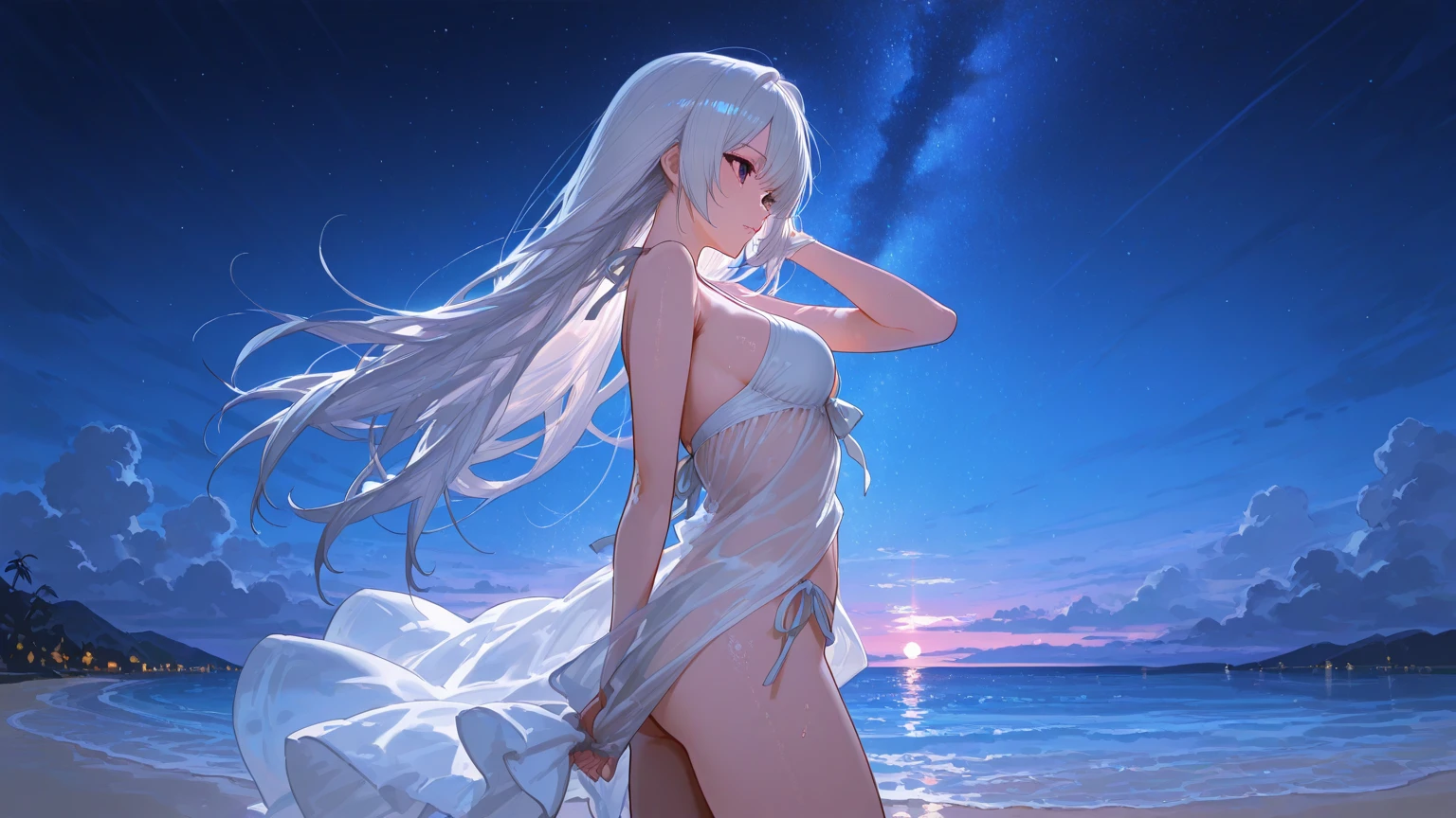 (Ultra Real), (Illustration), (High Resolution), (8K), (Very Detailed), (Best Illustration), (Beautiful Detailed Eyes), (Best Quality), (Super Detailed), (Masterpiece), (Wallpaper), (Detailed Face), Solo, (Dynamic Pose), One Girl, White Wavy Hair on the Boulevard, Losing Clothes, Japan Person, Iris Colored Eyes, (((Very Thin, Small and Short Night Dress)), Medium breasts, long legs, best ride of legs, wide waist, (without panties), (without bra)