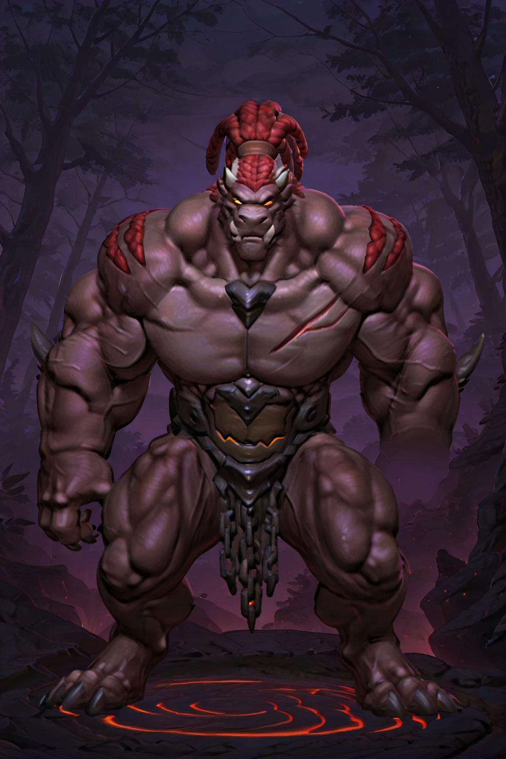 solo, breath (ultra detailed), a beautiful and detailed full size portrait of a male anthro batzz, demon lord dragon batzz, dragon tail, green eyes, detailed eyes, black body, black skin, long hair, red hair, horns, scar, tail, bedroom eyes, detailed eyes, big body, sexy body, (wide body). goddess, kenket, Ross Tran,ruan jia, trending on artstation,foxovh, cenematic lighting, buff, big pecs, vip, muscular anthro, spike arms, strong legs, looking at viewer, ((big pecs, nipples, big pecs, black shirt, blue shorts, bulge))), day, wet, front view, front shot, far view, standing, arms behnd head, open mouth, blush, smile, ruins, interior, raining,
