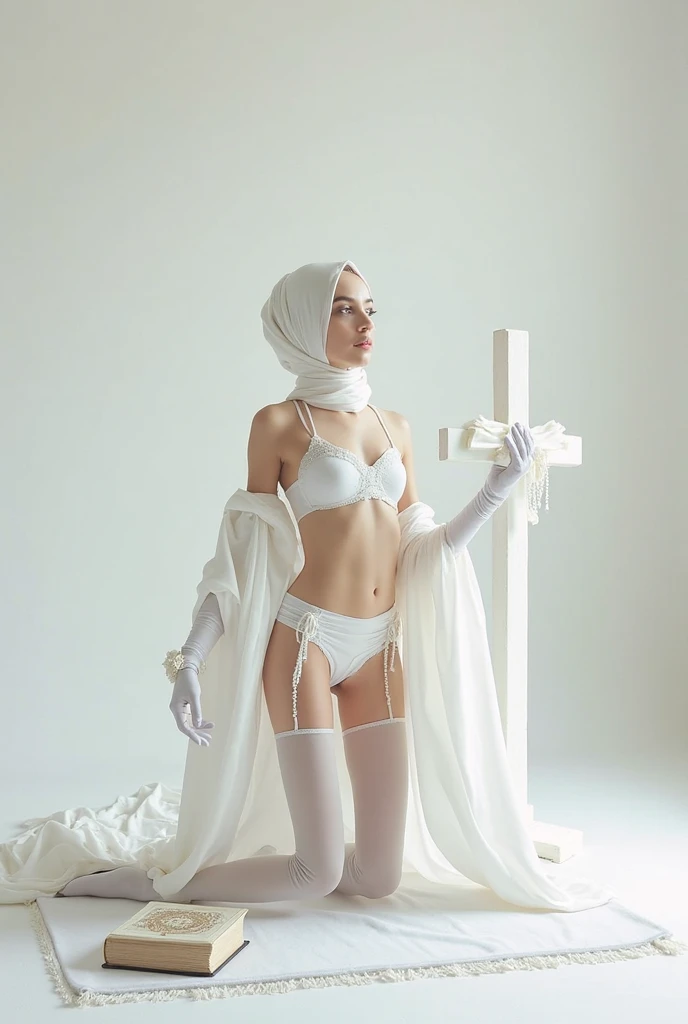woman pretty, blonde, wearing nun veil with bikini , blonde ,blue bikini ,white skin, big breast, pale ,foxy eyeliner, portrait ,no-makeup ,hot,full body ,pale woman painting, eyeliner wonderful highly detailed masterpiece, beautiful light deep focus, elegant, digital painting, smooth, dramatic lighting, ultra realistic, 8k, art , blur ,sky ,white background