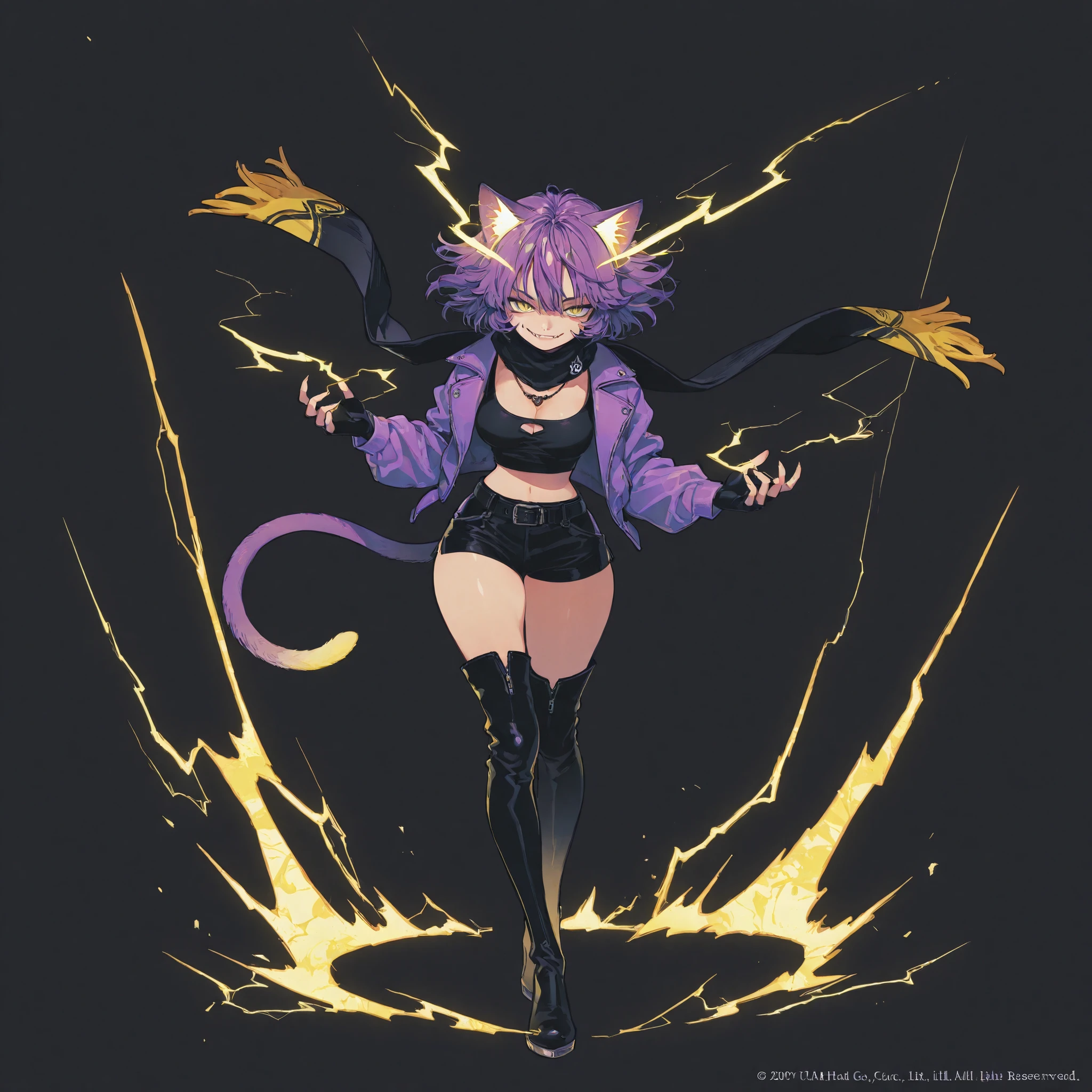 masterpiece, ultra-HD, impressionism, high detail, best quality, very aesthetic, 8K, best quality, beautiful, ultra-high resolution, 32K UHD, 4ki4k4ne_illu, 1girl, solo, short messy purple hair, yellow eyes, slit pupils, cat ears, cat tail, sharp fangs, medium breasts, narrow waist, wide hips, thick thighs, petite, purple jacket, black crop top, cleavage, black scarf, black shorts, purple fingerless gloves, black thigh high boots, belt, necklace, smirk, smug, dynamic pose, full body, yellow lightning, yellow rays, glowing, electric aura, aura, looking at viewer, simple background, front view