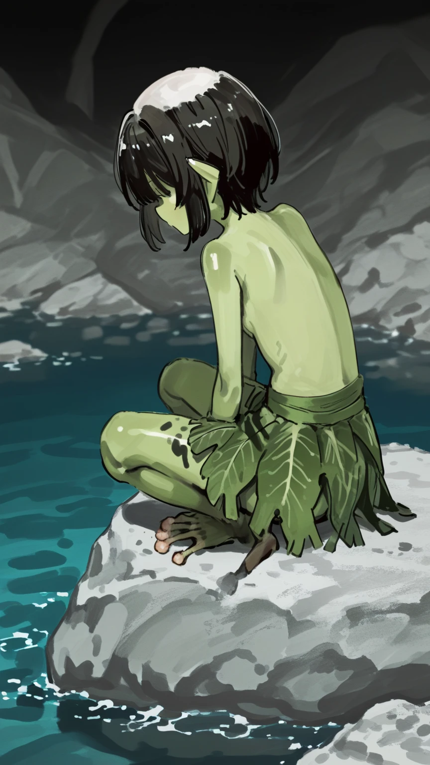 Gollum, crouching, dark tone, moody, emaciated, medium format, thin hair, pond, sinister, long hair, dark cave, shallow DOF, insanely detailed,  intricate, obscure, anger, morbid, sunken eyes, mystic, horror