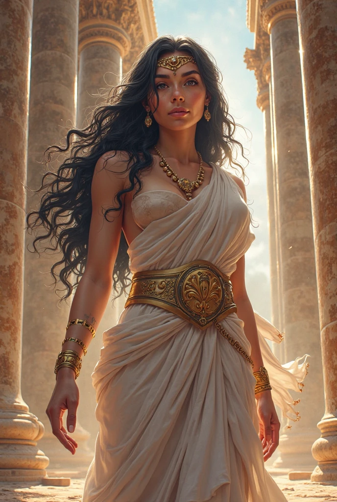 A woman with long brown hair, two color eyes (green and brown), she wears a greek goddess style outfit and is at war
