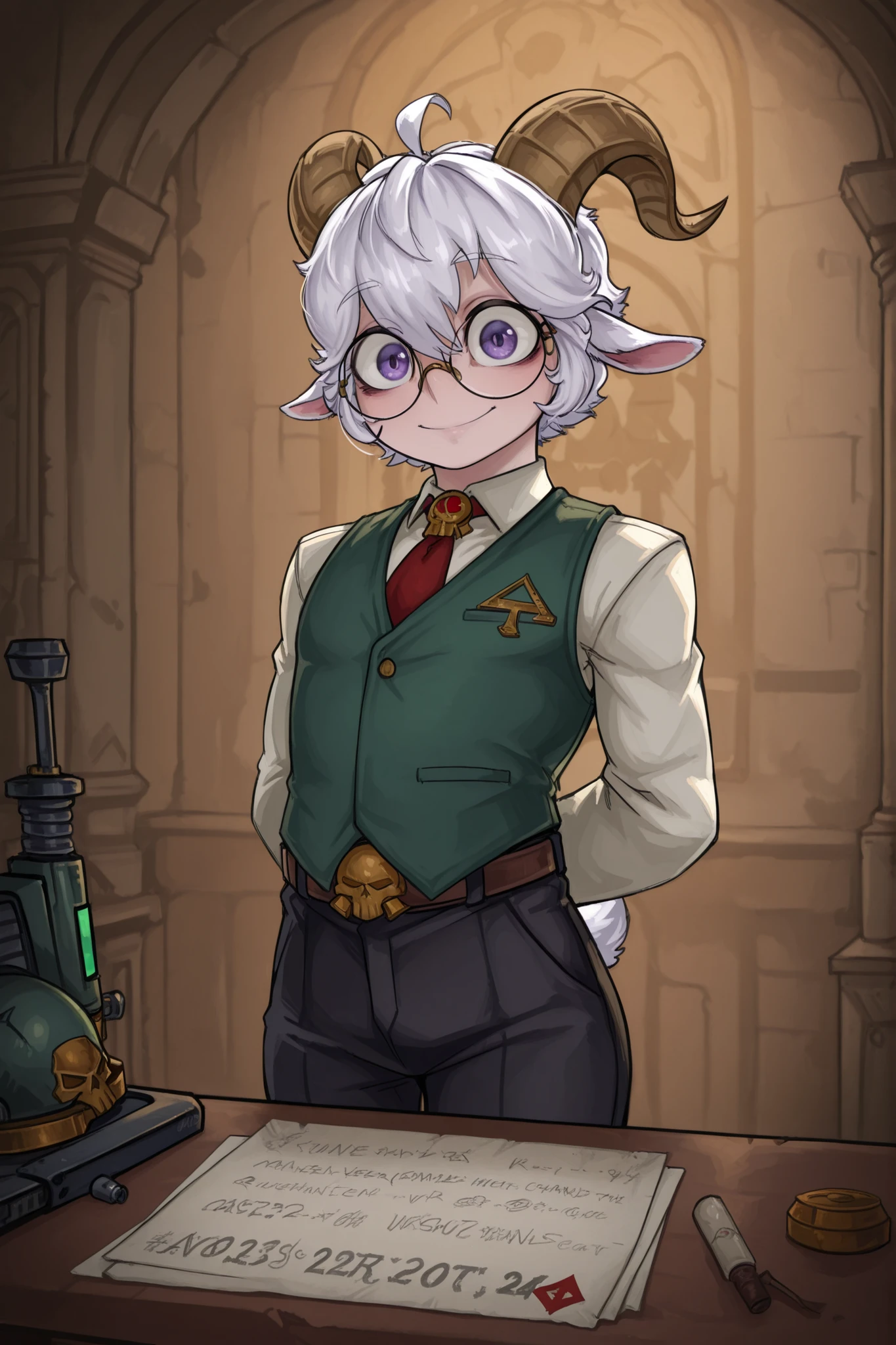 Drunkr3mbr4ncer, krekk, masterpiece, best quality, amazing quality, very aesthetic, high resolution, ultra-detailed, absurdres, newest, scenery, warhammer 40k, ((MALE)), ((ONLY MALE)), solo, 1male, young man, twenty year old youth, solo, voluptuous physique, goat ears, tiny small goat horns, goat tail, white hair, purple eyes, round glasses, green vest, red tie, shirt, belt, black trousers, big eyes, soft expression, smile, looks at the viewer, calm pose, stands behind the guild reception desk background, quality background, BREAK,