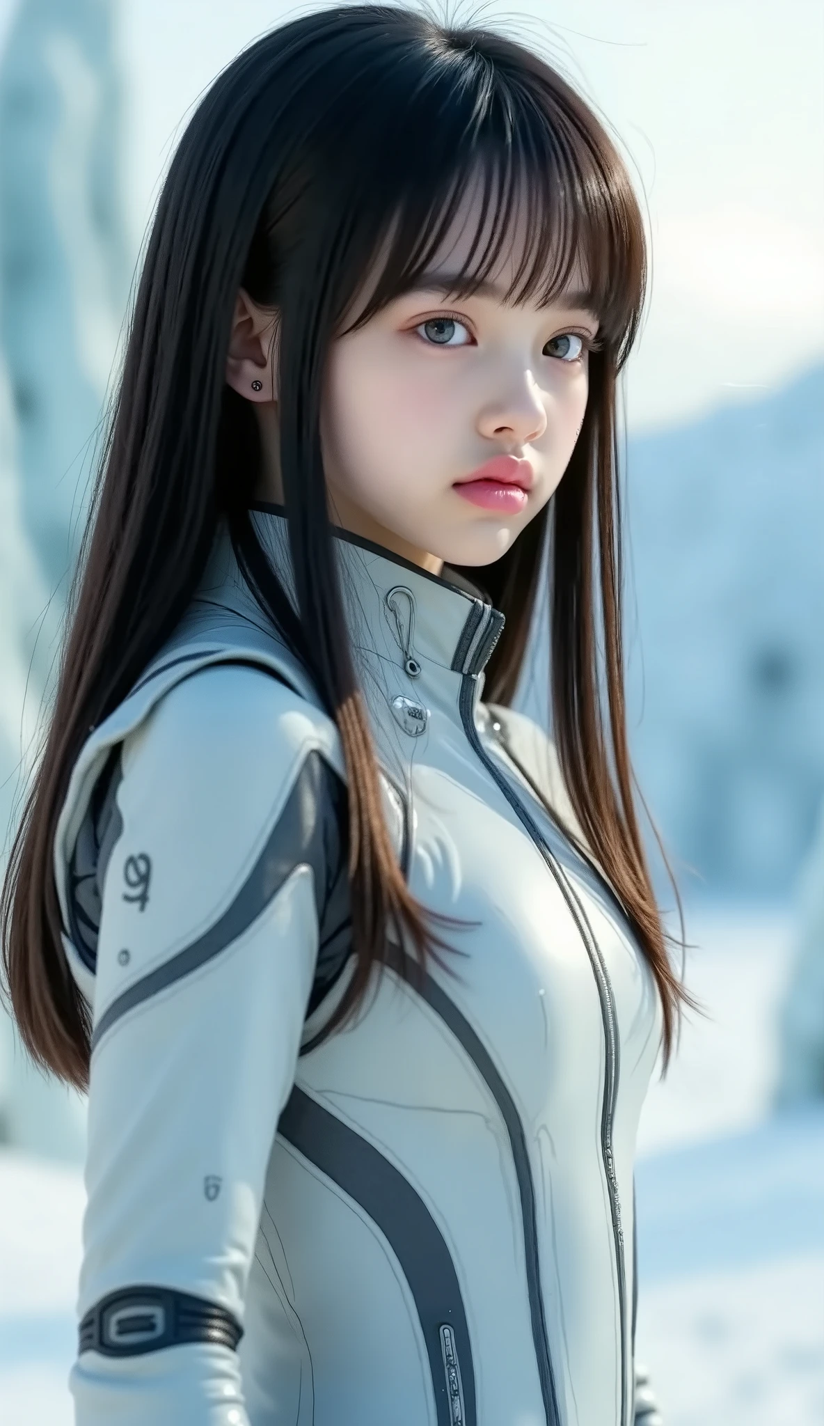 1 girl , Lovely , Ice and Snow World , Alone , skinny , wind , Mech Suit , Full Body , pretty face , is adorned with intricate patterns and delicate lines ,