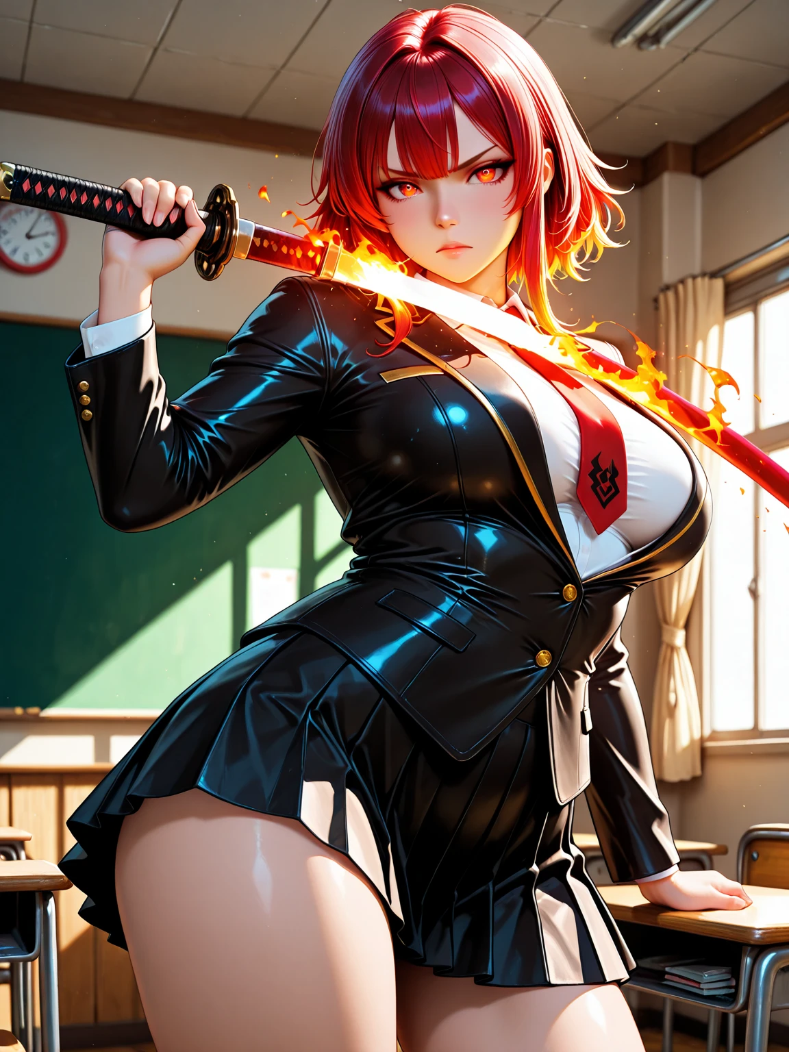 Masterpiece, best quality, vibrant, highly aesthetic, contrasting, realistic, latest. A striking warrior, wearing a sexy, slightly overweight, stockinged withe uniform suit with black skirt. Her hand is a magical fire red, 1katana. Her hair and eyes are strikingly bright, with a medium breasts. Serious expression. Dynamic stance. A classroom in the background, SmoothNoob_Quality
