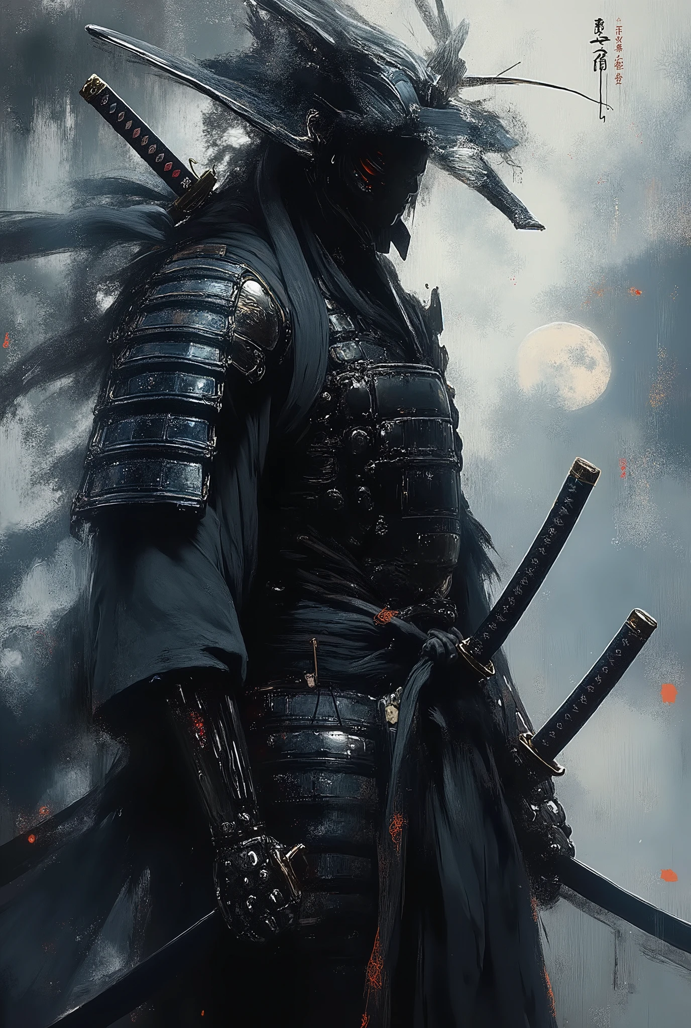 A black ink image of a samurai in ancient Japanese armor from the Sengoku period, standing still in a ready position, eyes full of vigilance, black bamboo shadows cast over the veil of death, a damask steel katana sword glowing with a dark blue paranormal power. Shedding the weight of Sumie ink, the Yoshitaka Amano style fluttering lines combine the Ukiyo-e technique. The old steel armor is rusty adorned with torn silk, the moonlight splashes through the bamboo shoots, creating an eerie shimmering shadow. The atmosphere is full of tension. The aura of the coming battle. Low perspective to emphasize the fearlessness.