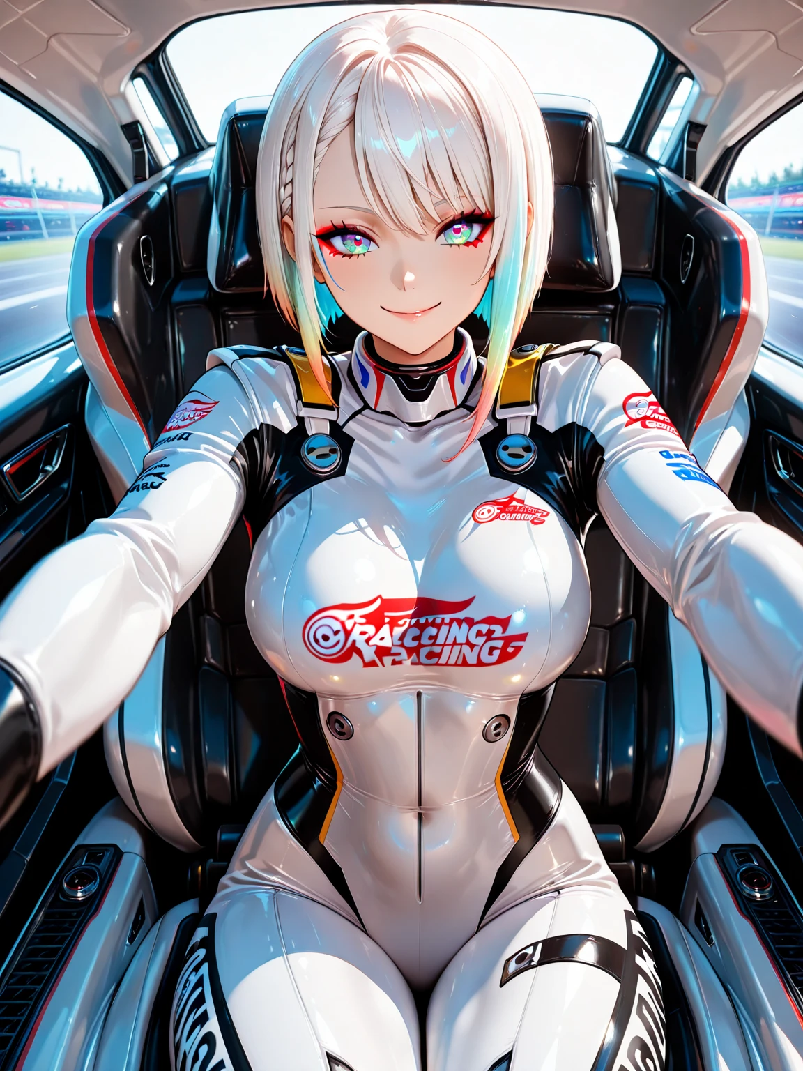 masterpiece, ultra-detail, top quality 1 girl, Lucy, solo, ( racing_Driver:1.3) short_My hair, Bang, (multicolored_My hair:1.2), (multicolored_eye:1.3) red_Eyeliner, detail_makeup, beautiful _ face, Smile Yan_Expression (white_and_black_ racing_Suit:1.4), (Mode_1_uniform:1.3), racing_LOGO SITTING_Pose, (in_Ferrari_car:1.3), racing_COCKPIT MODERN_ racing_environment, detail_car_interior, racing_aesthetics (white_outline:1.2), clean_OK, professional_LIGHTING DYNAMIC_Composition, centered_shot, MOTORSPORTS_ATMOSPHERE BREAK/cyberpunk