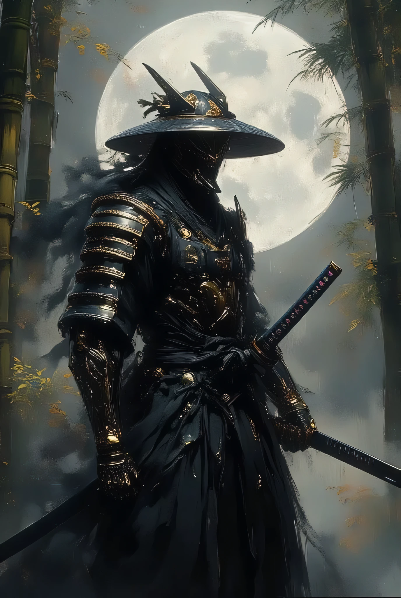 A samurai, the honorary guardian of the Sengoku period, stands gracefully in the ancient bamboo forest, wearing Kito-Gusari armor, in black, and adorned with Maki gold, reflecting the full moon like a spirit mirror, in a Tamahang steel Katana mobile. A thousand-year-old Sword blade radiates a purple-black halo of evil power. Paintings with the ancient Sumie technique combine Kara-Sansui ink weighting. Yoshitaka Amano's unique fluttering lines, the air is so humid that it is almost breathless. The dense bamboo surrounds it. Creating a moving bizarre silhouette, the silver moonlight streaks through bamboo shoots leaning in the breeze. The low-level view highlights the great height of the samurai. The overview shows the conflict between honor and dark power.