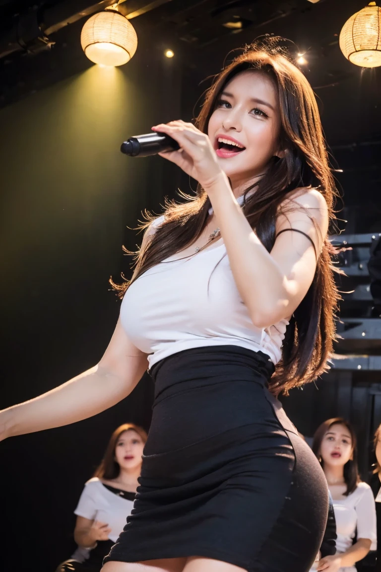 ((midnight, Need, 8K, tmasterpiece:1.3)), A whole body, Long legs, Focalors:1.2, Plump body,perfect figure beautiful woman:1.4,((Dark brown hair, huge tit:1.2 )), (Low-cut T-shirt, Silk stockings,Short skirt), ((Nightclub,ball room)), crowd of,Highly detailed facial and skin texture, A detailed eye, 二重まぶた,wears glasses,crisp breasts,Smile with,Bigger breasts, Wavy hair,crisp breasts,Get wet,Sweat profusely,Red lips,Hot dance