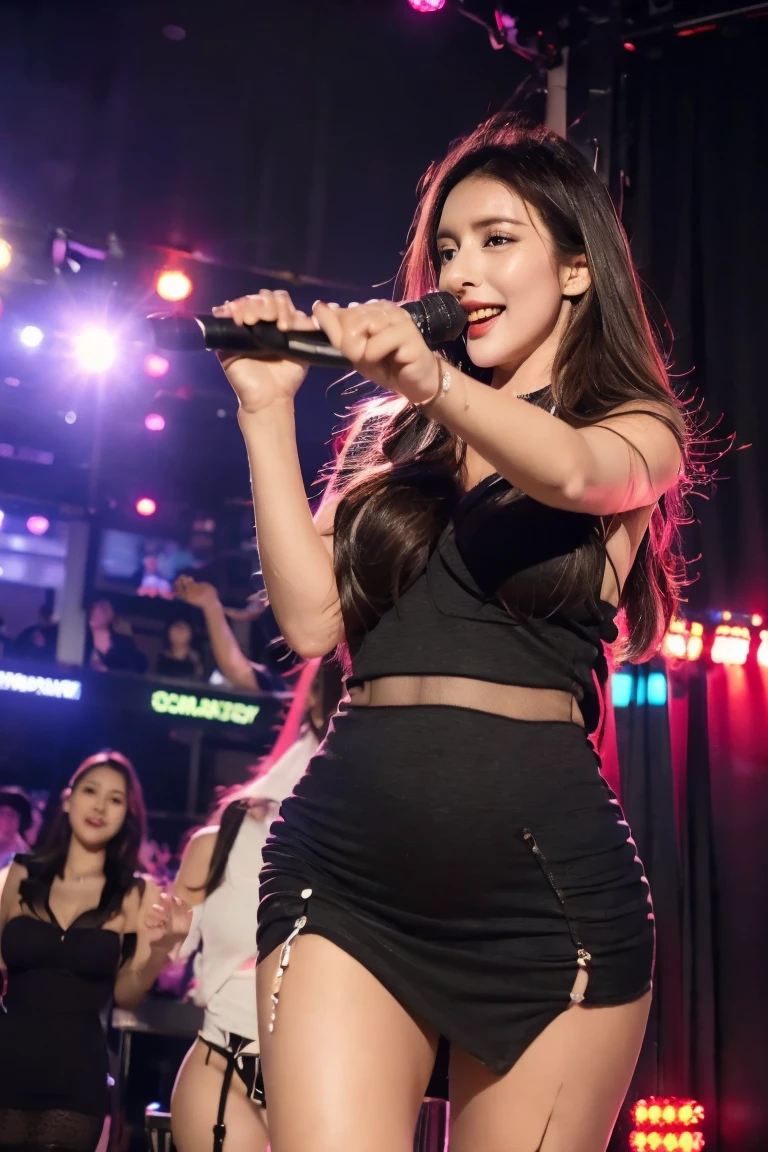 ultra high resolution、super high quality、8k、Detailed details、great expression、1 female、Tall and slender woman、small breasts、long brown curly hair、Black metallic see-through dress with luxurious hair ornaments、luxury hotel dance party background、