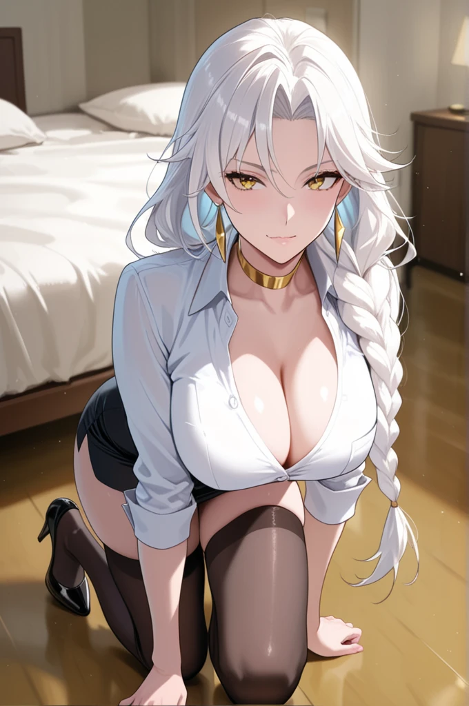 White hair, short skirt, cleavage, medium breast, navel, long hair, slim legs, emilia, beautiful eyes