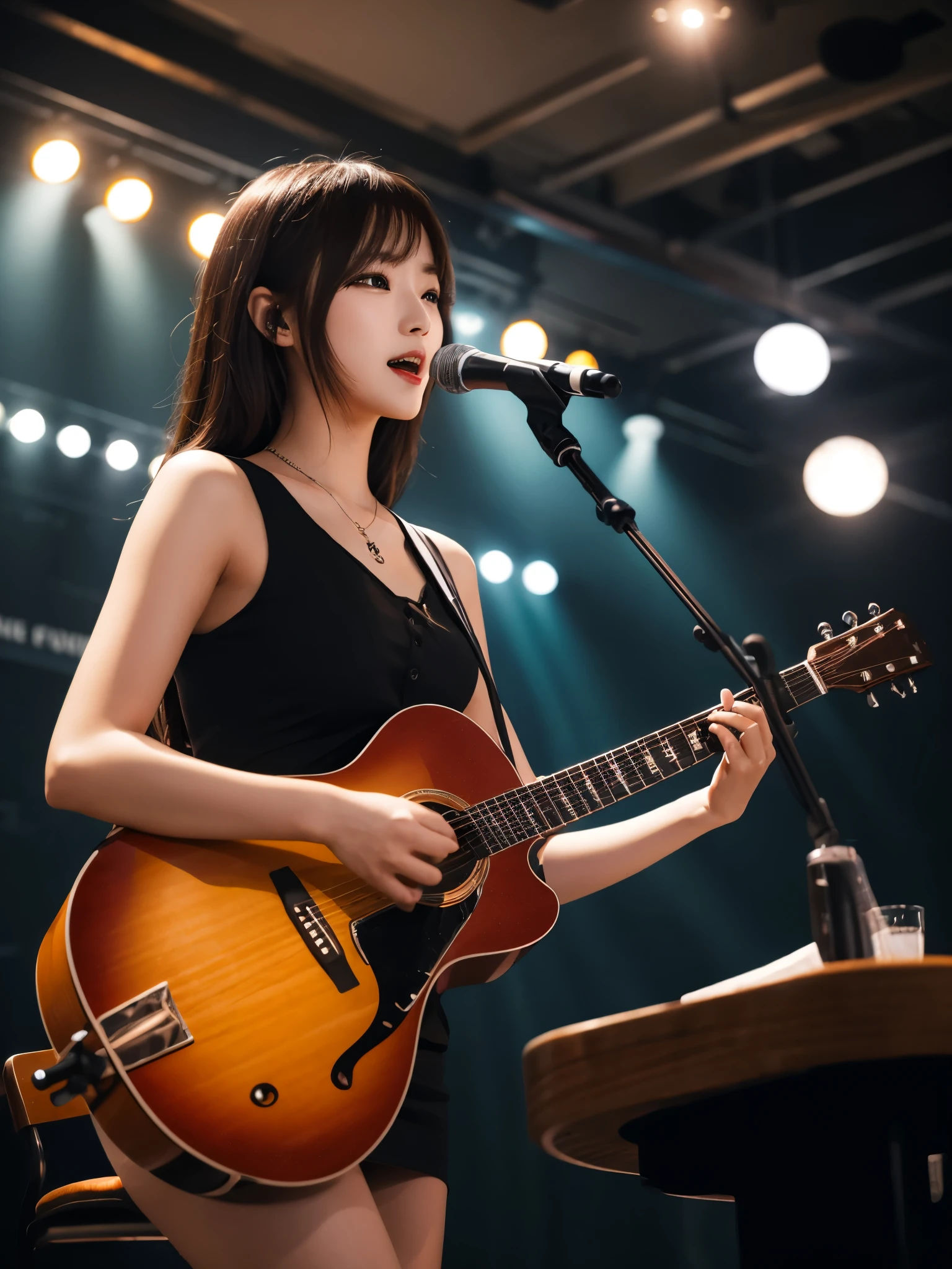 inside night bar, A small stage lit by a spotlight, 1 sitting black chair, wearing black camisole, playing dark brown acoustic guitar and singing, Microphone and microphone stand, Best quality, ultra detailed, 8k,