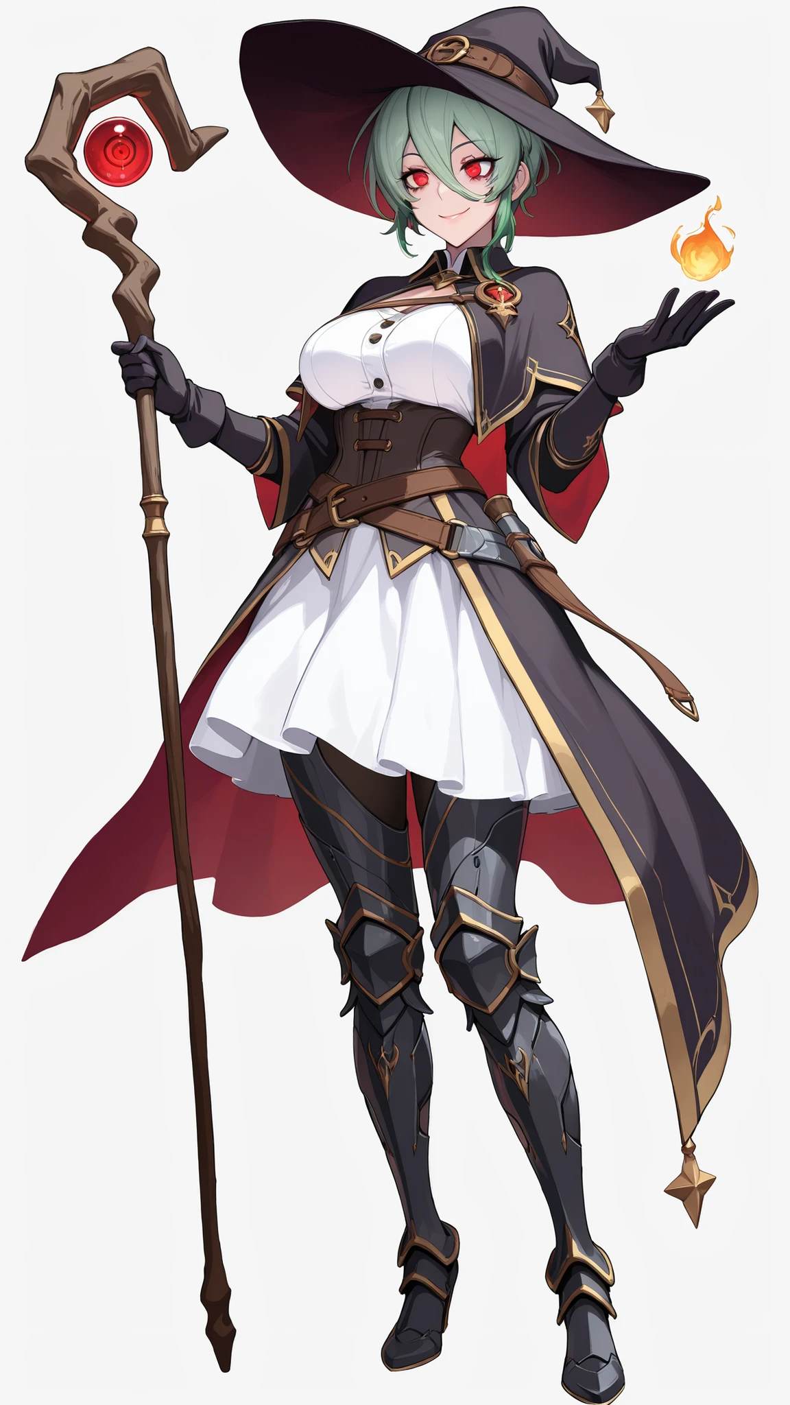 absurdres, (((Ultra HD))), (((Ultra High Quality))), ((hyper detailed)), ((Ultra High Resolution)), (Highly rendered), ((detailed eyes)), (((8K))), ((perfect face)), ((masterpiece)), cinematic, solo, 1girl, tall, thin, pixie cut hair, green hair, hair between eyes, smile, red eyes, medium breasts, witch hat, witch, mage, mage staff, gloves, metal staff, medium skirt, armored leggings, standing at attention, full body portrait, simple background, white background