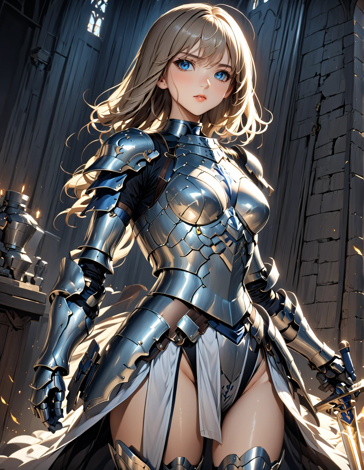 (Lenneth from 'Valkyrie profile':1.4), BREAK: bright_gold_trimmed_sapphire_blue_plate mechanical_armor, (damaged chest armor exposing skin:1.3), glowing sword raised in victory, thigh cutout, long skirt, (heelless sapphire armored boots:1.37), BREAK: (wide angle:1.4),(full length portrait:1.37), standing, contrapposto stance, light smile, magical castle ruins, fluffy snow falls, BREAK: highly detailed face, intricately detailed eyes, detailed hands, (16k, absurdres, masterpiece, best quality), wings on hips, F41Arm0rXL, ArmoredDress 
