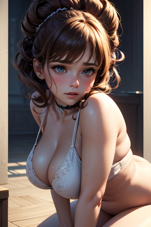 (best quality,highres,masterpiece:1.3), (realistic,3D rendered:1.2), (beautiful:1.2), (detailed:1.2), (gorgeous eyes:1.5), portrait, lifelike, 3D face, (bright eyes:1.1), shiny hair, glowing skin, erect nipples, large breasts, flat stomach, brown hair, twin ponytails, black eyes, full body, impeccable anatomy, squatting position, hands bound with iron chains, milky white liquid in the surroundings, black fishnet stockings, fishnet on the breasts as well.