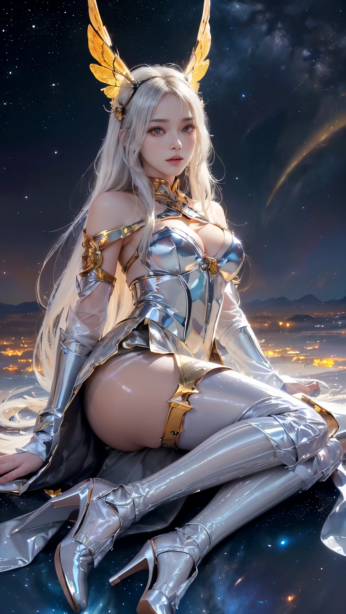 ​((tmasterpiece))，((offical wallpaper:1.4))，((1female))，((meishaonv，Super Sailor Moon，the sailor moon:1.6，eternal sailor moon))，((standing on your feet+Combat posture))，((Stand in boxing position))，((Sit up with your right leg bent))，((Sexy model pose))，((dynamicposes+Dynamic photography))，((From the bottom up，Ultra-microphotography))，((3D))， ((ultra real photo，フォトリアリスティック))，((Absurdly long hair:1.4))，((Double ponytail blonde:1.6，Parted bangs，Ball head，Red round hair accessories in bun))，((dressed in：Sailor warrior uniform:1.6，((You can see the panties)Ultra mini skirt:1.6))， ((plumw，Chest exposed，Cute big breasts))，((a sailor suit：Sailor color，Metallic blue))，((There is a big red bow on the chest，Elbows red，Long white latex gloves，Bare upper arms:1.6，A luxurious golden crown on the forehead，耳Nipple Ring，Luxurious gold jewelry decoration))，((high-leg swimsuit))，((Very thin and form-fitting high-gloss white holographic leather、High gloss white latex sexy high leg cut swimsuit，shiny like oil))，(Detailed faces:1.5)，((詳細な目，beautidful eyes，eBlue eyes，outline of iris，long eyelasher，Double lashes))，((beautifull expression，seduct smile))，((Thin lips:1.5))，((big raised breasts))，((Anatomically perfect proportions:1.6，big chest and thin waist))，((Clean skin))，((Anatomically correct 2 hands:1.6))，((Anatomically correct 2 legs:1.6))，((correct hand：1.6，Complete and beautiful five fingers：1.6))，((High quality octane rendering))，((Dramatic graphics))，((Background with：starrysky，rays of moonlight，the huge moon))， (( Professional Quality，Perfect photography， Ray traching， perfect volumetric lighting ))，((top-quality，CG with extreme detail Unity，32K))， ((hyper-detailing:1.2，Complicated details:1.2))，