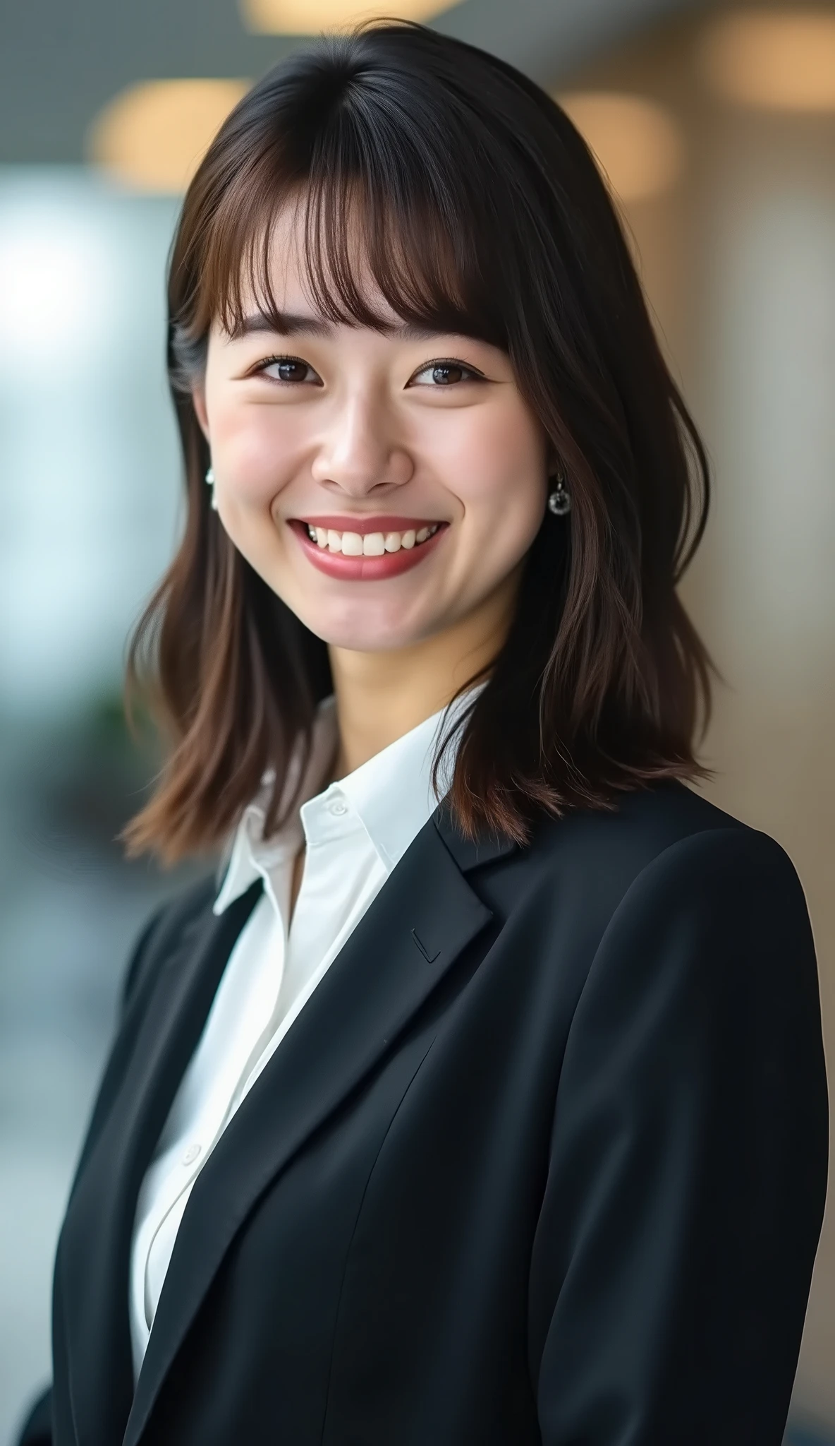 Neat Young Woman、and look at the camera、office lady suit、jacket、shirt、ネックレス、、ear piercing、薄い茶髪、smile showing teeth、背景はオフィス
