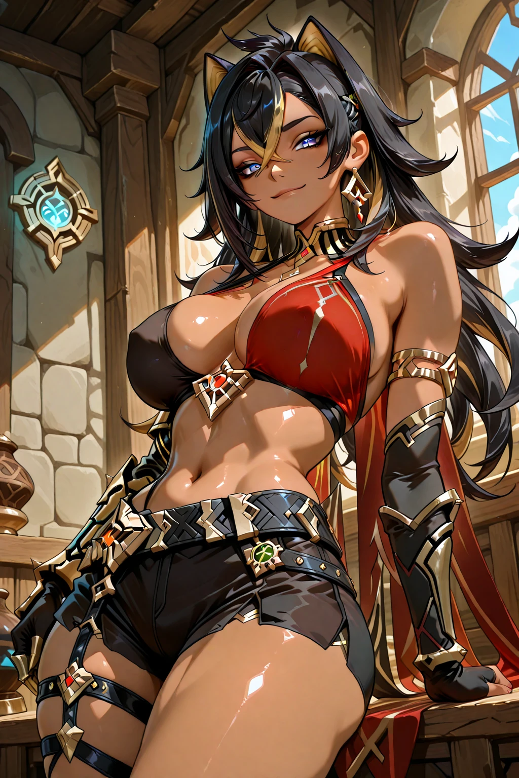 masterpiece,best quality,studio lighting,dehya, seductive pose, glowing eyes, perfect face, perfect hands, detailed lips, detailed nose, detailed eyes, (huge breasts), holding a greatsword,cowboy shot,confident smile,(((dark skin)))