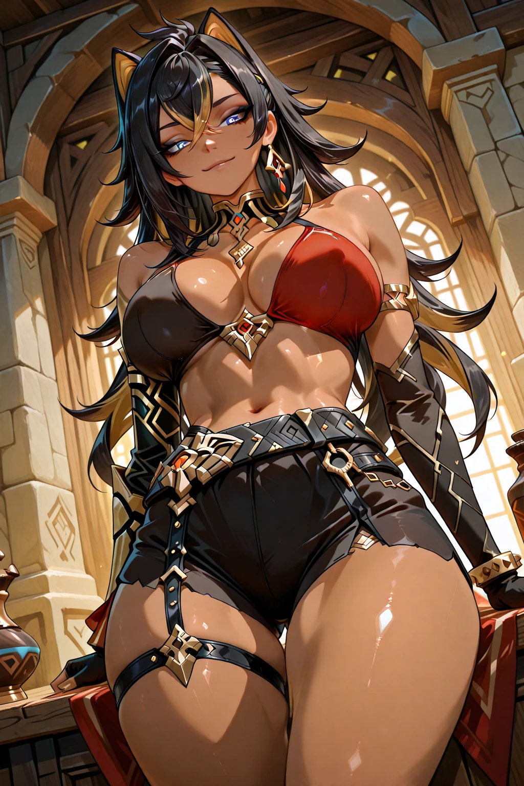 ((panoramic view)) A hot gorgeous elf, perfect goddess, masterpiece of black hair, silky skin, big breasts perfect body ((best quality, super detailed, photorealistic, hyperrealistic, 8k, intricate details)), sweet look, walks the streets of Scarborough fair ((details of people and tent in the background with lamps hanging on them)).