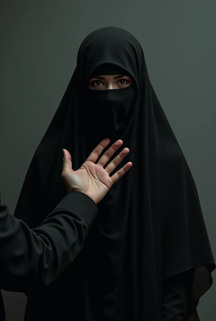 Pale skin kurdish woman in hijab  shoulder  arm breasts  talking with a Arab man in bedroom view from side angry raged 