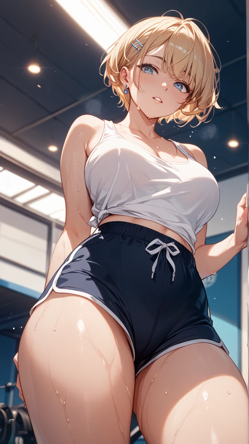 (masterpiece, best quality:1.2),1girl, (solo), Android 18 from Dragon Ball, ((no bra)), no top, medium breasts, blunt bangs, blonde short hair, black eyes, earrings on earlobes, slim, slender feminine figure, skinny body, blush, magnificent view, blur background, 8K, collarbone, sky, sunny, thigh gap, full body, smile, sweat, open mouth, arms up, gym, dancing, knee up, (light gray panties), nipple peek,