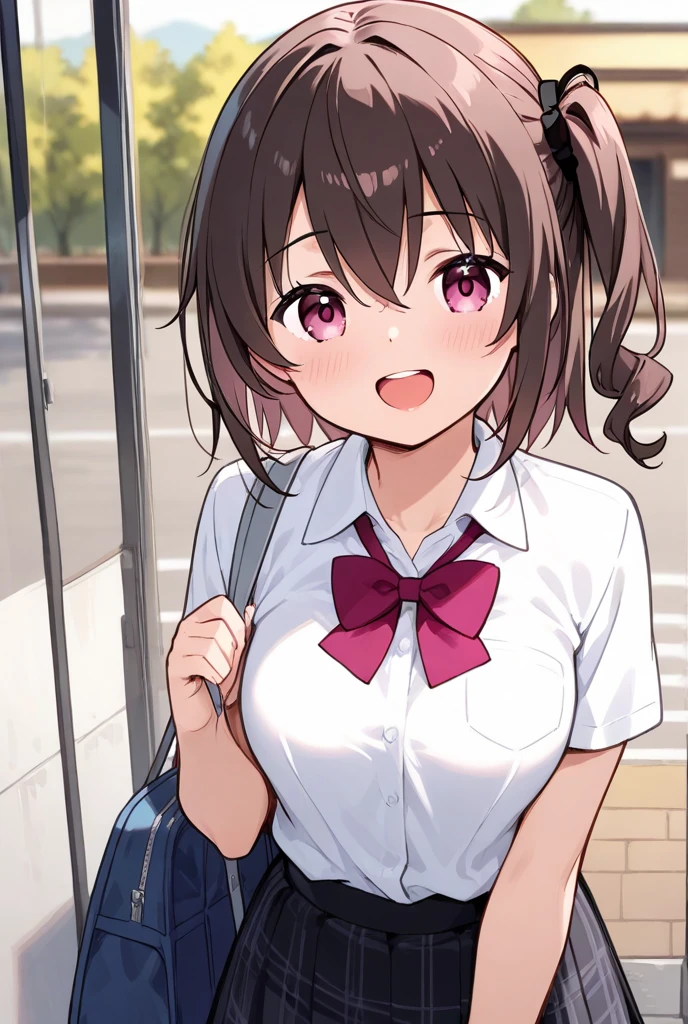 masterpiece, Highest quality, Nico_Yazawa,High resolution, 1 Girl, alone, Brown Hair, short hair, Twin tails、Purple eyes,  , , (Cleavage)、(Beautiful thighs), Carrying a red backpack, (randoseru backpack:1.2) Sweaty、Thick thighs、Highest quality、4K、1girl, 8years old, , cute, grin, 、、on the train、、、Thick thighs、Men holding their  and surrounding girls、 from the 、、、（）projectile 、、Lots of spectators、、low length、