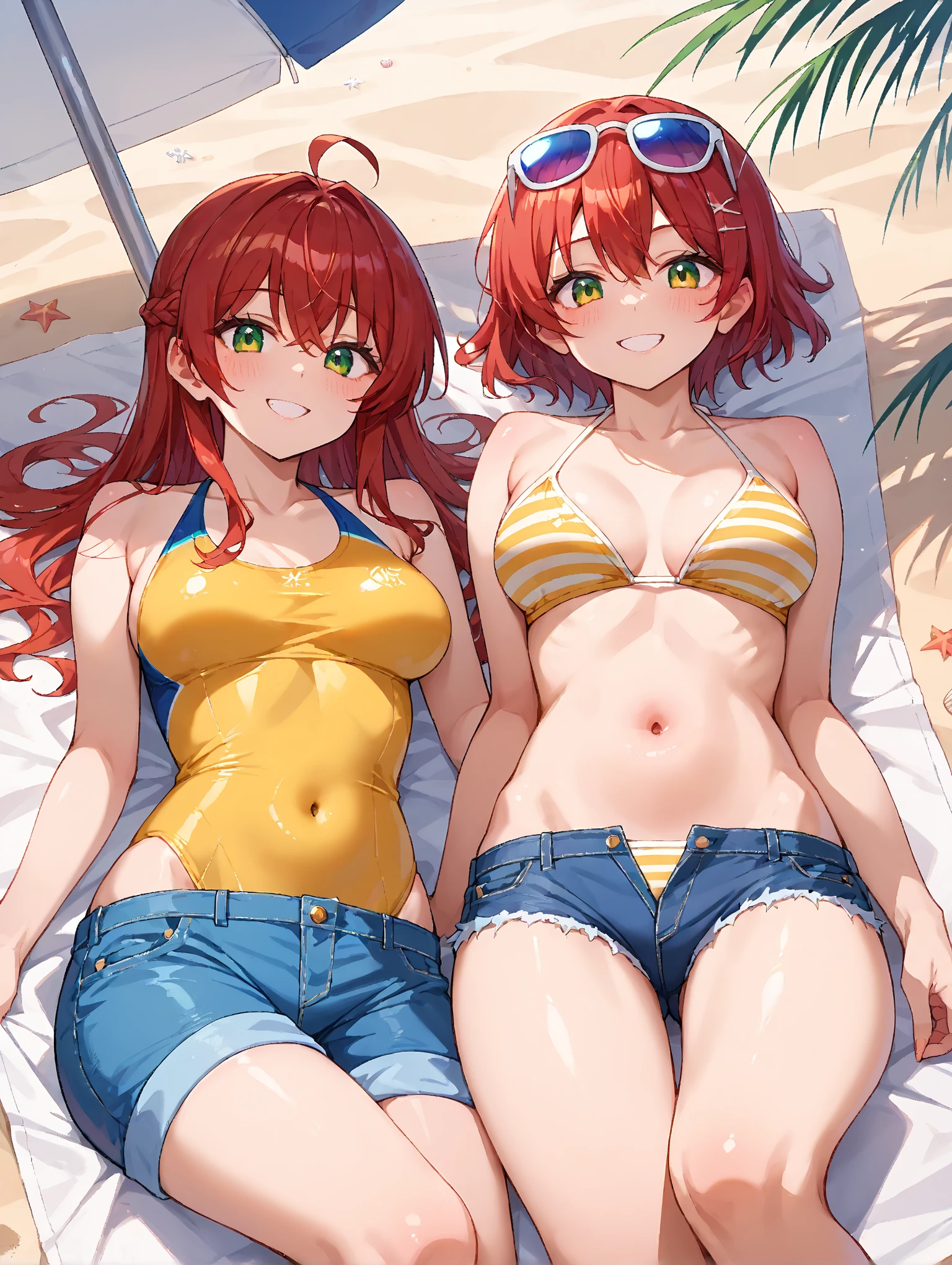 (masterpiece, high quality, high resolution, absurd, super detailed, High saturation、8k),real,,(??????:1.5),(2girls on the beach:1.2,),(yuri:1.2)、(??????? to ???????) seductive smile,cute face、beautiful eyes、(hug:1.2)、(( pink hair,orange hair at shoulder height,blue hair:1.2)) (2girls on the beach)