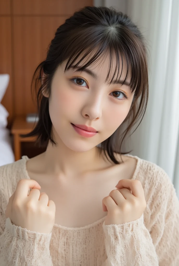 ulzzang-6500-v1.1,  (RAW photo:1.2), (Photoreal), beautiful detailed girl, (See-through:1.3), (genuine: 1.4), very detailed目と顔, beautiful and fine eyes, elegant long dress、huge file size, High resolution, very detailed, highest quality, [masterpiece:1.6], enlightenment, very detailed, nffsw, finely, highest quality, 8k wallpaper, movie lighting, 1 girl, 17 years old, perfect body shape, Cute droopy eyes、beautiful big eyes、Pieck finger, ((muste piece)), highest quality, 1 girl, eye shadow, Upper body, portrait, ((full body shot:1.2))、