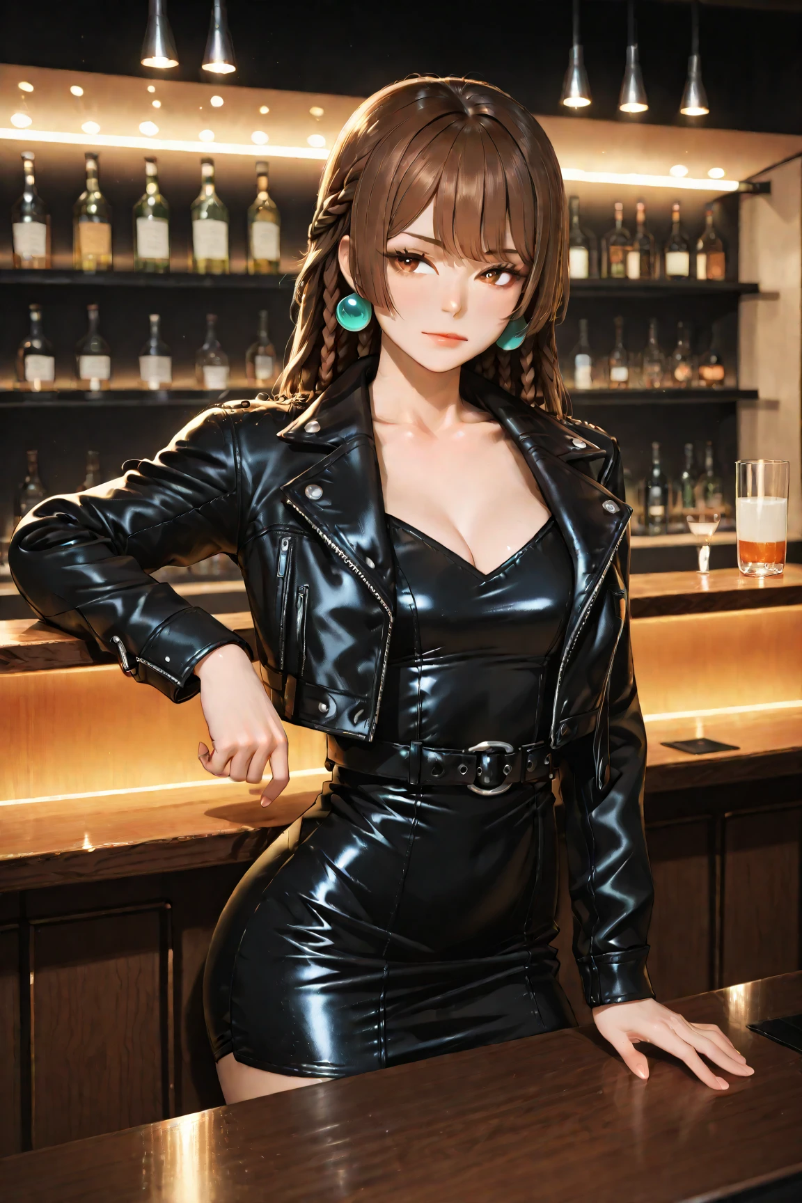 ((Highest quality)),(超High resolution),(Very detailed),(Detailed Description),((The best CG)),(masterpiece),Ultra-detailed art、(Highest quality、8k、32K、masterpiece)、(Realistic)、(Realistic:1.2)、(High resolution)、Very detailed、Very beautiful face and eyes、1 female、((:1.3))、Tight waist、Delicate body、(Highest quality、Attention to detail、Rich skin detail)、(Highest quality、8k、Oil paints:1.2)、Very detailed、(Realistic、Realistic:1.37)、Bright colors、A beautiful woman in her mid-twenties working in Ginza at night。((she、Asymmetrical pixie cut:1.8、Bangs are long and swept to the side。))。The makeup is natural、Enhances natural beauty。((Black leather jacket and silver sequin camisole。tight black skinny pantultiple thin silver chain necklaces and a studded clutch bag。))。The neon lights of Ginza shine in the background.、It creates the atmosphere of a night town.。The style is realistic、Has a photo-like texture。she自信に満ちた表情で、Smiling at the camera。