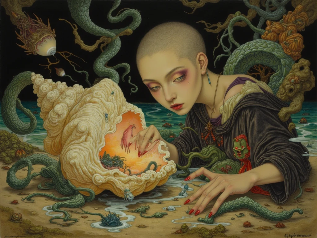 there is a painting of a woman with mushrooms on her head, lovecraft art, inspired by lovecraft, mohrbacher, lovecraft illustration, in style of peter mohrbacher, male medusa, in the art style of mohrbacher, inspired by Peter Mohrbacher, inspired by H.P. Lovecraft, fungal god, medusa portrait painting, peter mohrbacher style