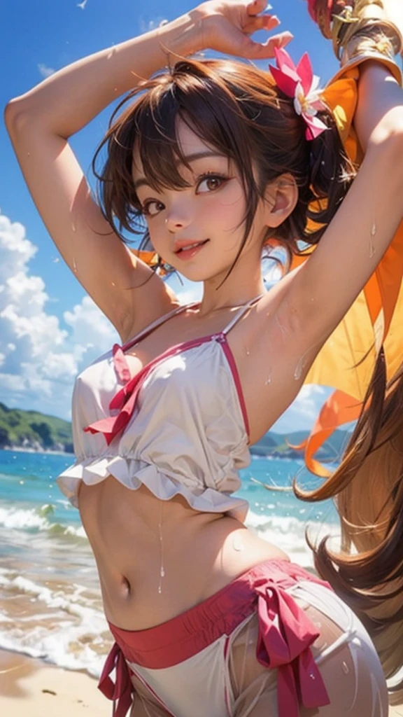 Highest quality、Masterpiece、(魚と釣り竿を持ったbikini姿の日本の女の子)、 Young and cute gravure idol 、bikini、（Big Tits 1.1）、Cleavage、Ocean、Rocky area、Rough seas、blue sky、from the front、They are cheering.、