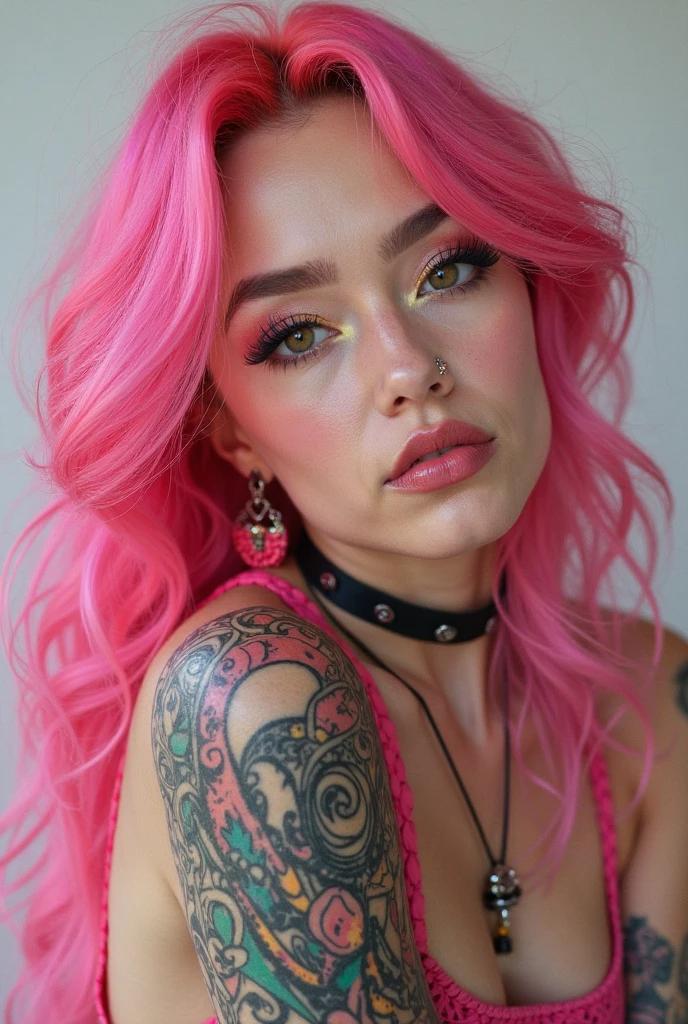 very attractive 25 year old female with long bright pink hair,  The image features a woman with a dark, intricate tattoo on her face, red lips, and red eyes.