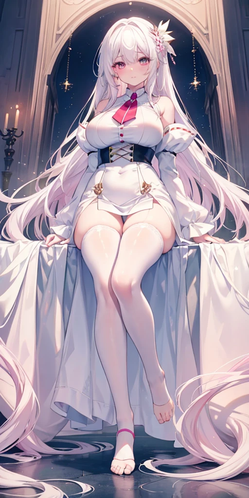 white stockings,high-heels,cabellos largos dorados,dual horsetail,Sharp teeth,Vampires,red pupils,eye glass,Luxurious living room,sitting in the couch,White gauze dress,choker necklace,crotch tattoo,Aristocratic temperament,Feet to the protagonist's perspective,