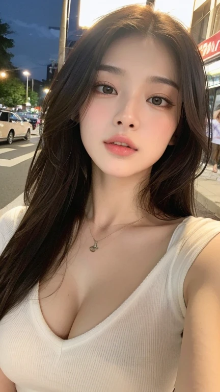 ((best qualtiy, 8K, tmasterpiece:1.3)), Sharp:1.2, perfect figure beautiful woman:1.4, Slim abs:1.2, ((Layered Hair Style, huge tit:1.3,cleavage:1.2)), (A long shirt with transparent wet white buttons:1.1),(Sateen,the street:1.2),Get wet:1.5,Highly detailed facial and skin texture,A detailed eye,二重まぶた,Look sideways at the camera