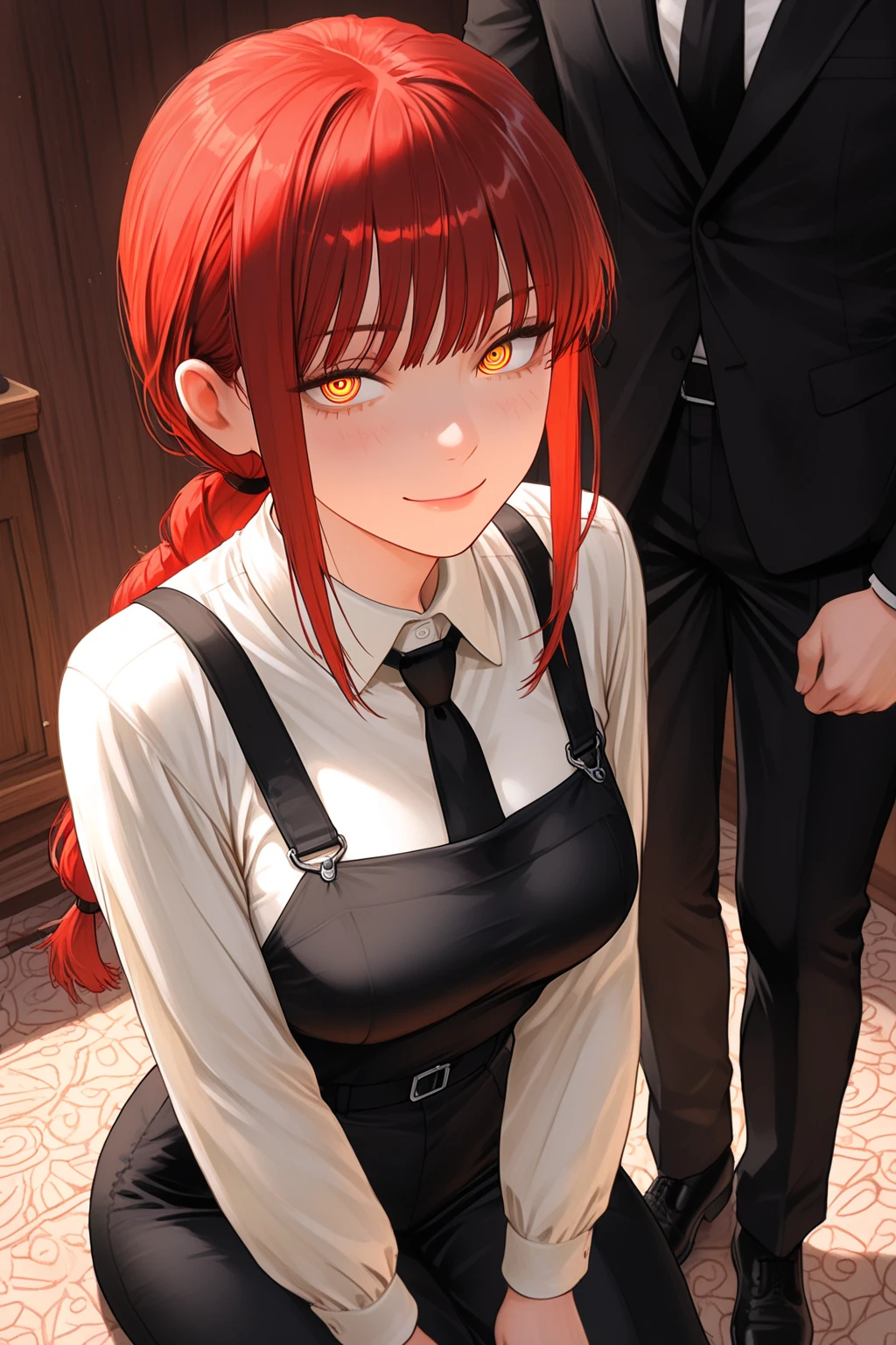 Masterpiece, top quality, best quality, official art, beautiful and aesthetic, anime, 1girl,extremely detailed, colorful, more detailed ((ultra-detailed)), (highly detailed CG illustration),Best Quality, High resolution, Unity 8k Wallpaper, (Illustration:0.8), (Beautiful detailed eyes:1.6), extra detailed face, Perfect Lighting, extremely details CG, (Perfect hands, Perfect Anatomy), makima, long hair, smile, bangs, (small breasts:1.2), (yellow eyes:1.2), braid, red hair, braided ponytail, ringed eyes,cleavage,collarbone,shirt, long sleeves, white shirt, necktie, collared shirt, pants, black pants, formal,black necktie, shirt tucked in,in middle of church, benches,candles, dark light,from behind, take of pants, lace panties, bend over.