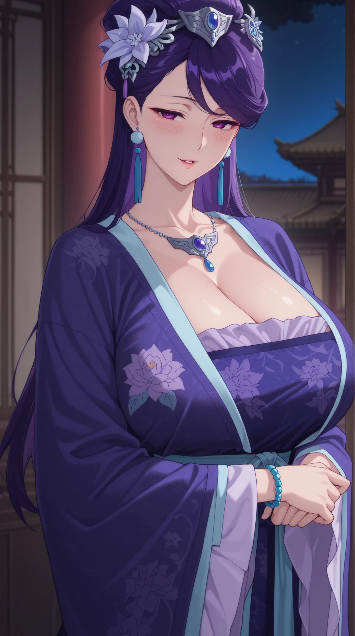 A dark-haired、Long hair that goes down to the waist、Blue eyes、Blue kimono、Beautiful woman with big breasts、Japan garden in the background、The kimono is a little transparent、A slightly shy face、