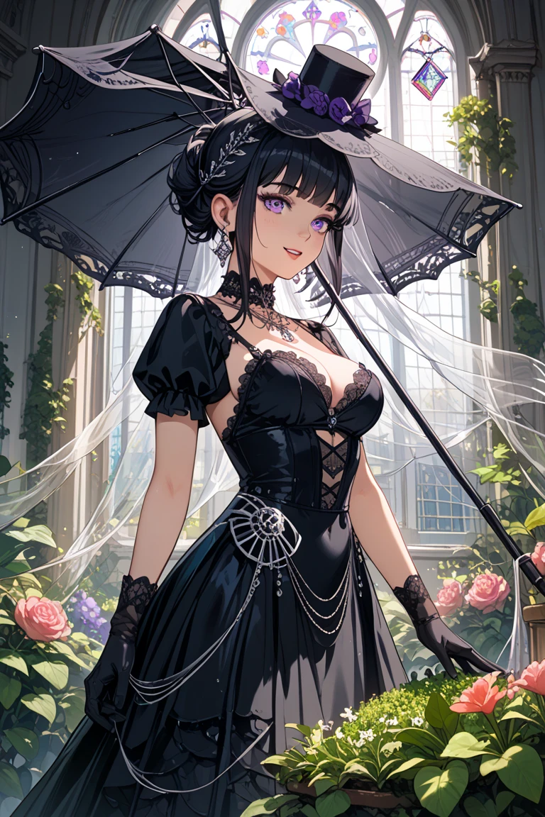 Black dress, tulle gloves, bud-edged parasol