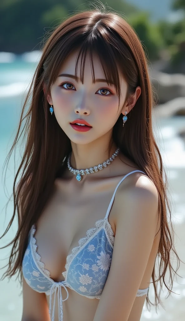 (8K, RAW Photos, Highest quality, masterpiece: 1.2), (Very detailed), (Super Resolution), (Genuine, Genuine photos: 1.37)、(Portraiture), (High-quality RAW color photos)、 (Professional photos).( Very detailed and beautiful new),(Very detailed), (8K壁紙),(Amazing details),(Large file size),(Official Art,),(Very detailed),(8K壁紙), (Very detailed beautiful girls),(Very detailed facesHighly detailed eyes),(Very fine skin),(Very detailed fingers,),(Very small nose),(Very detailed detailed mouth),(Perfect Anatomy),(Detailed Background),(High Quality Clothing),(23 years old),(cute girl), (Genuineistic body),(White skin),(Glowing Skin), (Blunt bangs:), (smile),(cute),(cute face),(Genuineistic face), (delicateな目),(Saggy eyes), (Silver Bikini)、(Gorgeous themes)、necklace、Earrings、Looking into the camera, Dynamic Lighting, G-cup breasts,Big Breasts、(tropical beach background)、(Dynamic sexy pose)、(With cleavage)、(Thin legs)、(delicate, Plump and moisturized lips)