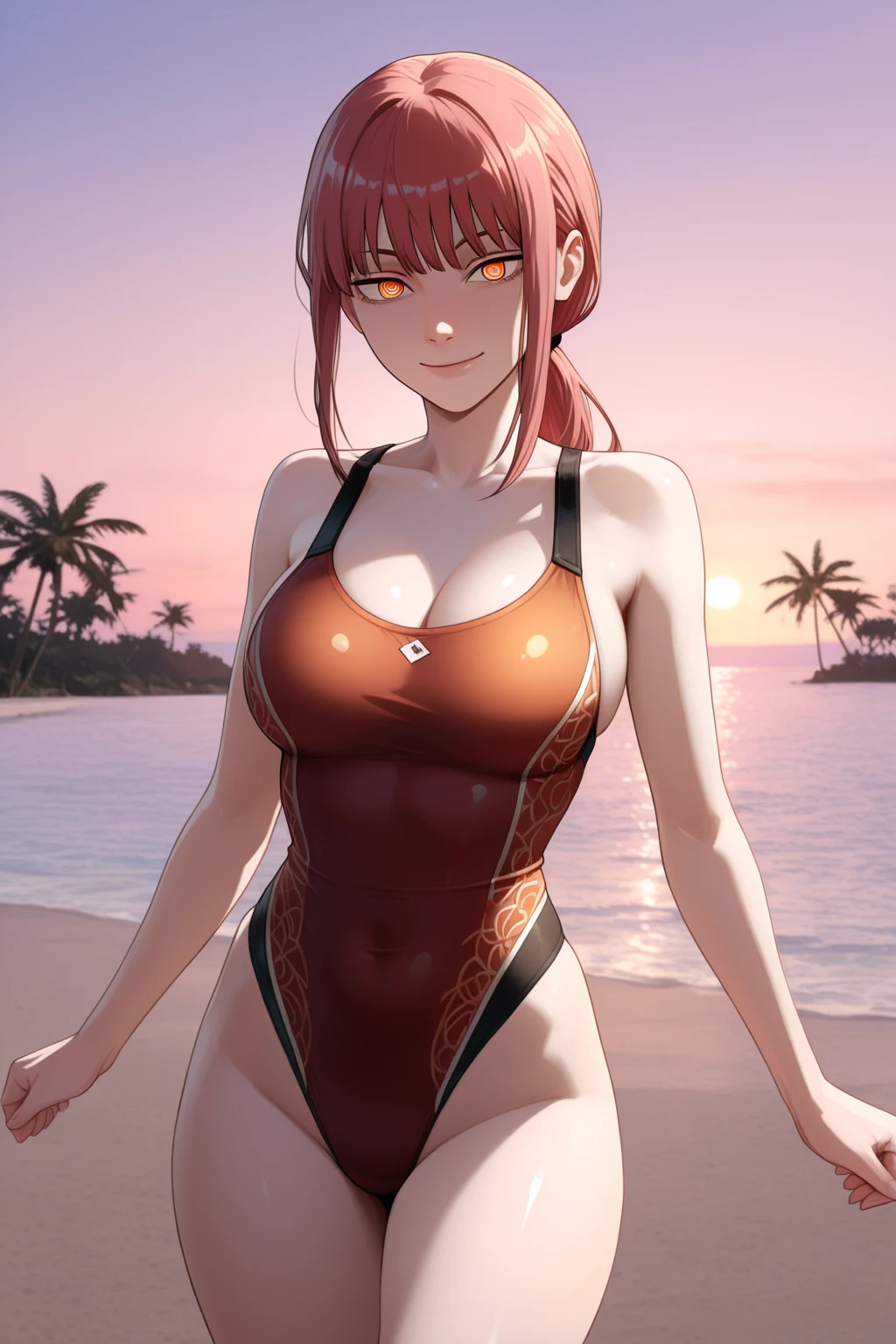 moira, heterochromia, rad and blue eyes, sultry facial expression, faint smile, looking at viewer, ((one-piece swimsuit)), beach, sunlight, lounging, <lora:moiraV3:0.7>, best quality