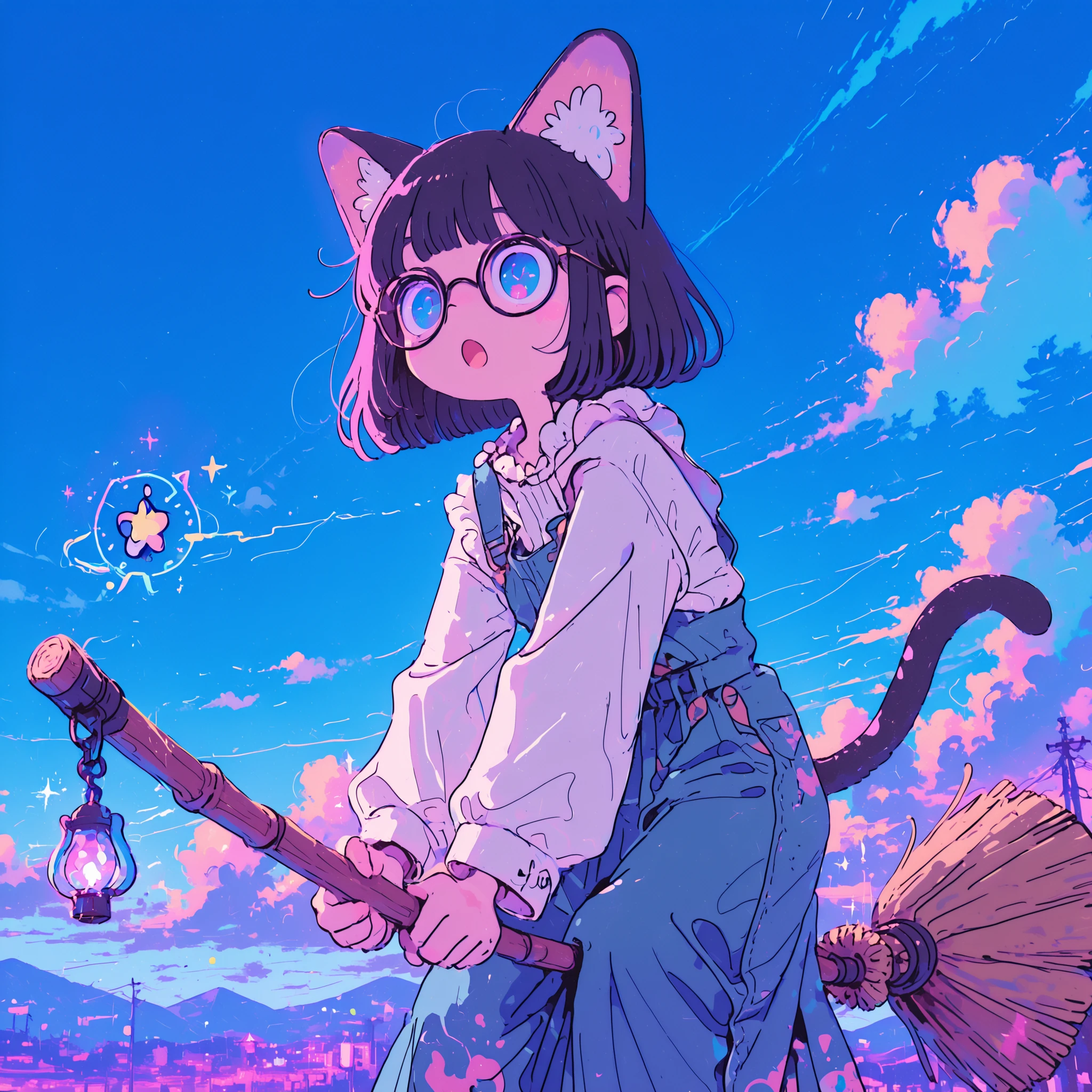 Anime comic style illustrAtion、Cartoon housewife with big eyes and surprised expression,Riding a magic broom,shortcut,Black-rimmed round glasses, The background is blue sky and clouds,Overall pop and comical atmosphere,uses thick outlines and bright colors、Put the cat's