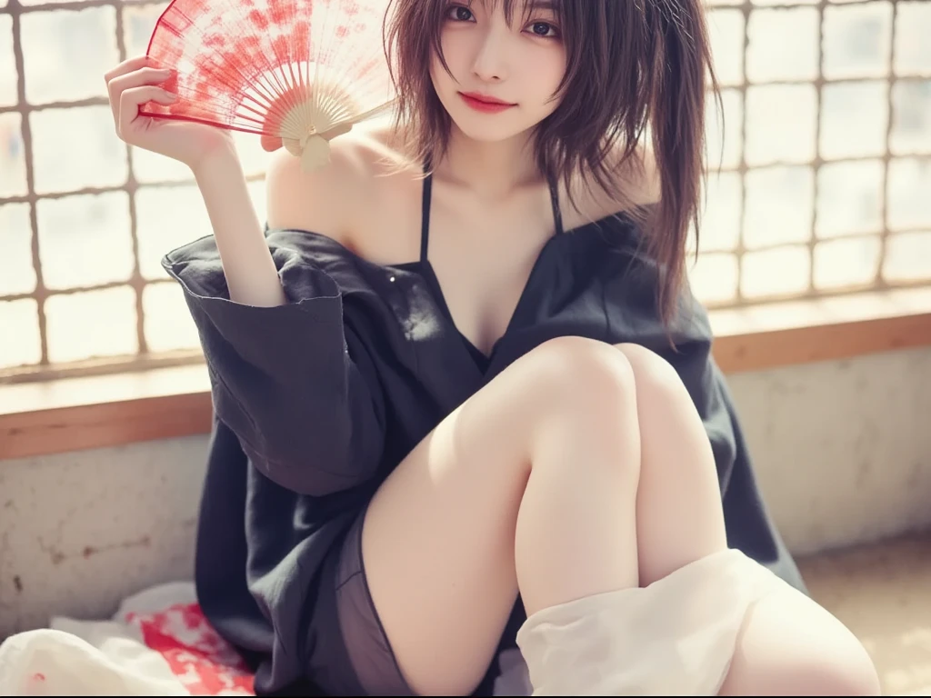 (8k, RAW photo, best quality, perfect anatomy, masterpiece:1.2), (realistic, photo-realistic:1.4), (extremely detailed 8k wallpaper), sharp focus, professional lighting, depth of field, cinematic lighting, 25 years old Beautiful and cute japanese actress, smile, wearing a traditional Japanese kimono, Crouching Open the foot in under hair,Showing vagina、
