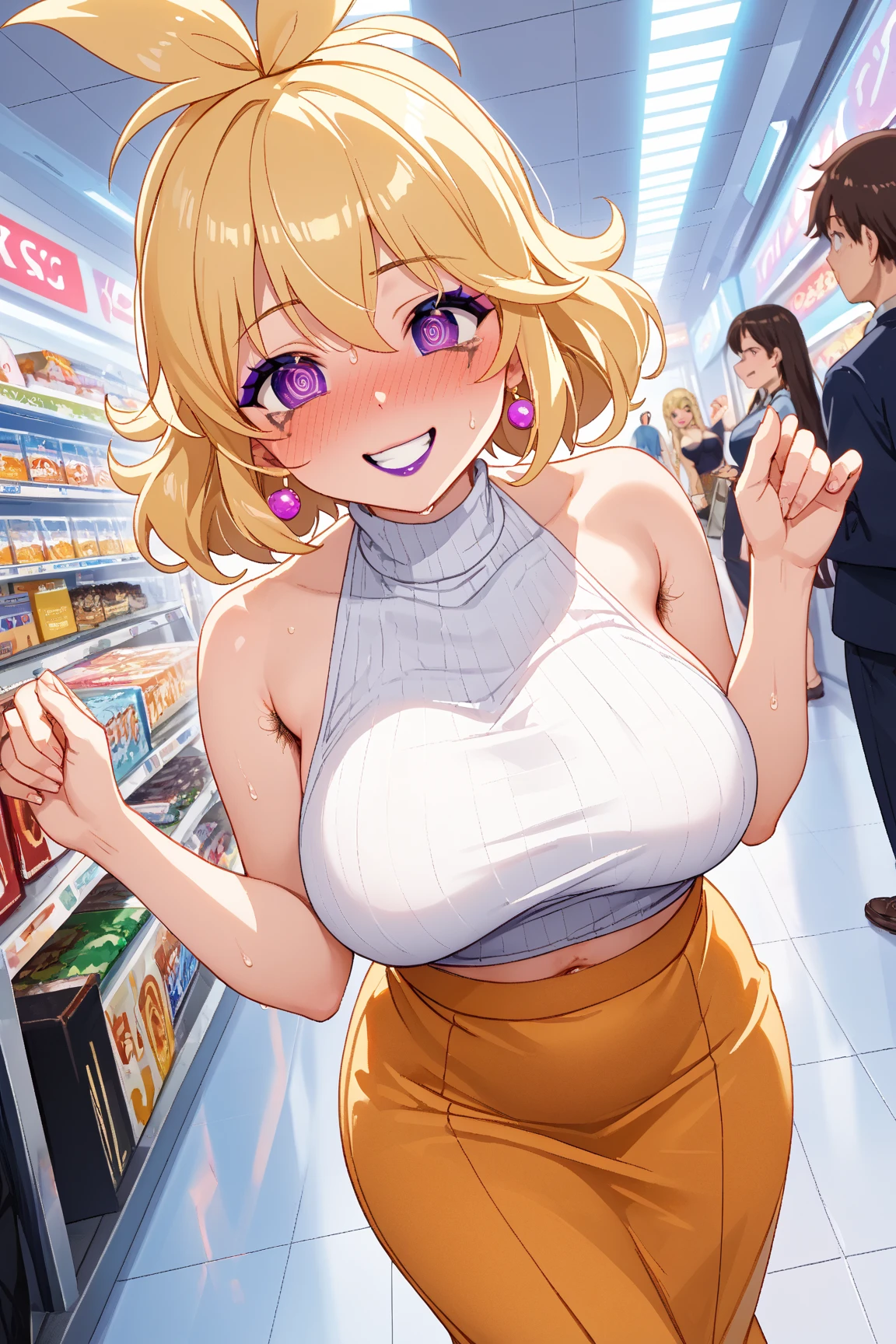 (1girl, solo:1.5),houjousatoko,  blonde hair, short hair, hairband, Purple eyes, ,nsfw , large breasts, nipple, Walking, ShoppingMall, frozen, (Sweating profusely, Love juice, Wet Woman, female ejaculation), crying,, Naked, Blind ,Temptation, Blank look, empty eyes, solo, Peeing, lactation, projectile lactation