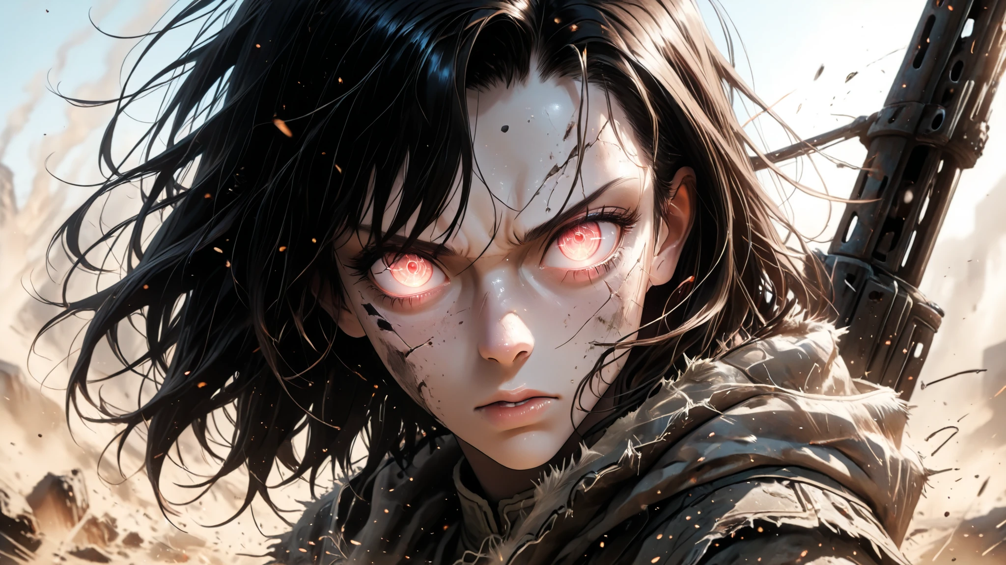 "High-quality anime animation art, epic scene of intense struggle focusing on the main character — determined expression, hair and clothes fluttering in the wind of battle. He holds his main weapon firmly, illuminated by glowing energy effects. The setting is a cinematic battlefield, with wreckage, sparks and dust in the air. Dramatic use of light and shade, dynamic close-up framing, blurred background to highlight the hero.  detailed anime style , cores vibrantes, frozen motion at the most impactful moment."

