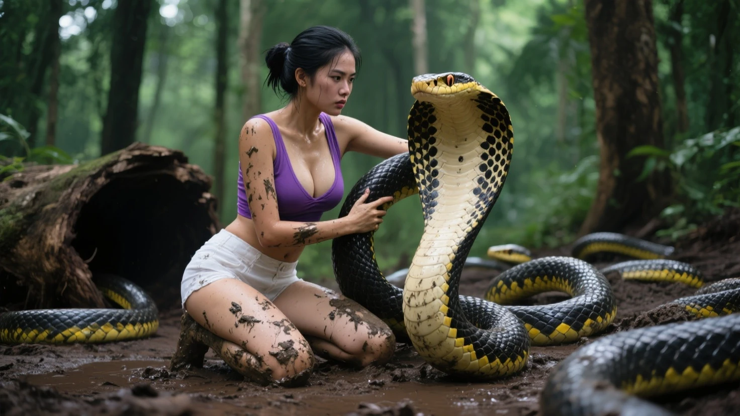 Top quality, masterpiece, super high resolution, real photo, raw photo, cute, beautiful girl, happy expression, joy, glossy skin, dramatic lighting, full body, full body wet, dirty white tank top, sheer with thin fabric, white shirt dirty with mud, beautiful breasts, beautiful ass, butt sticking out, creepy, in the dark jungle, waterside, black large anaconda , slim, long limbs, slimy, slim Sleeping on large anaconda a large giant black anaconda snake wrapped around her neck, a large anaconda wrapped around her body, an anaconda’s head from between her crotches, an anaconda and an anaconda intertwining their tongues and kissing, a girl hugging giant anaconda , a girl and a large anaconda staring at each other Many large anacondas horny aroused tentacle sex large object penetration nsfw