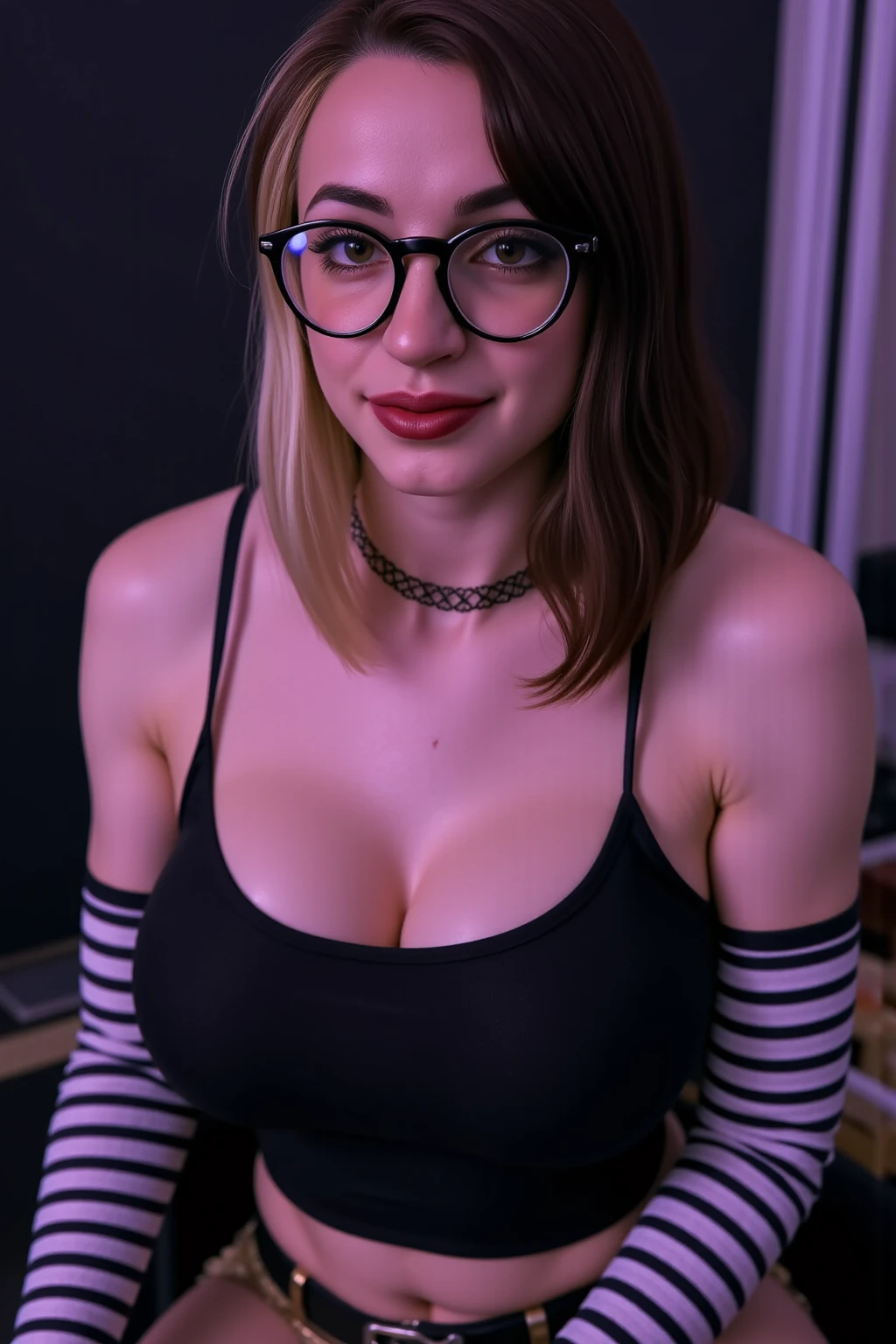 ((Standing)) breasts squeezed together, narrow waist, wide hips, visible breasts, her sweater is covering her nipples, (((Dark lighting), shadows, (((she is not wearing panties))), masterpiece, best quality, ultra-detailed, ultra-HD, photorealistic, cinematic, close-up camera shot, sensual pose, alluring and voluptuous jessica alba as Velma Dinkley:1.4, perfect anatomy, perfect face, proportioned hands, ((narrow waist, wide hips)), deep shade of auburn with a slight natural wave hair color, chin-length bob with blunt bangs hairstyle:1.3, retro-chic style outfit, knee-length and orange turtleneck, short pleaded red mini skirt, thick-framed black square glasses, wears knee-high mustard-yellow socks, sensible lace-up shoes, she has, in a haunted house, creepy house, creepy mansion, Photo, masterpiece, top quality, (Ultra detailed face and eyes:1.3), 1 girl, Adult, (Eye makeup, mascara) , ((large detailed lips)), ((dark)) , ((Natural breasts)). ((Posing)), photoshoot, studio (soft lighting), glamour makeup, smoky eye shadow, (The play of light and shadows), depth of field, bokeh, (special attention to skin detail: 1.2), (Dark atmosphere of the frame, Dark color scheme), ((mid shot)) , ultra detailed, visible nipples, (((mid shot))).