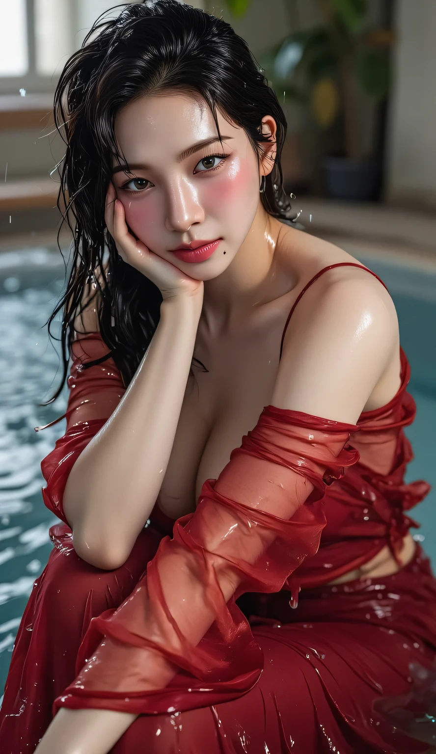Japanese beauty, Japanese actress, Sora Aoi, red wave head, all body drenched, full body shower, wearing a soaked transparent slim hanfu dress, upper body drizzle, long straight red hair, japanese actress baby, bare legs, big white legs, pink lipstick, expression disdain, navel, lower body drench, red eye shadow, (very delicate and beautiful), delicate background, (masterpiece) (highest quality), (master masterpiece), epic composition ,,,8k, tyndal effect, background detailed, delicate composition, full body drenching, wet seduction