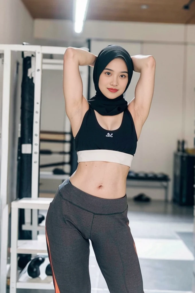 ((SHORT HIJAB)), ((small tits:1. 3)), (dynamic photograph of a 58 year old Indonesian woman), (slim top, cotton panties), (straight non curly hair), (highly detailed face:1.4), (vascular muscles and abs:1.3), (background inside light, bright, private gym:1.1), (8k, uhd, dslr, high quality, cinematic lighting, bokeh), (dramatic, award winning photography, incredible masterpiece:1.3), (((sexy sultry stare at camera:0.8))), ((she is ready to dominate you:0.5)), ((beautiful feminine face)), add_detail:1, (((wearing t-shirt white without pictures )))