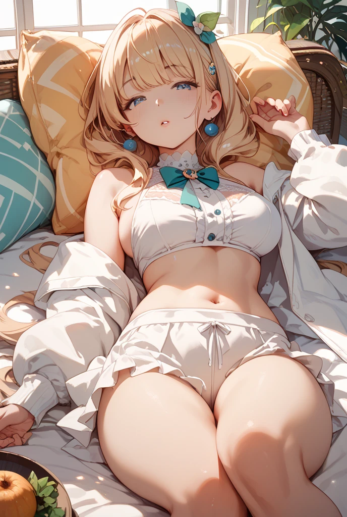 1 girl，Further details，Sleeping，Long hair，，Big saggy breasts，Eyes closed，innocent，bikini，White skin，Sweat，Flowers，，Halo,Big thighs，With legs wide open，sleep