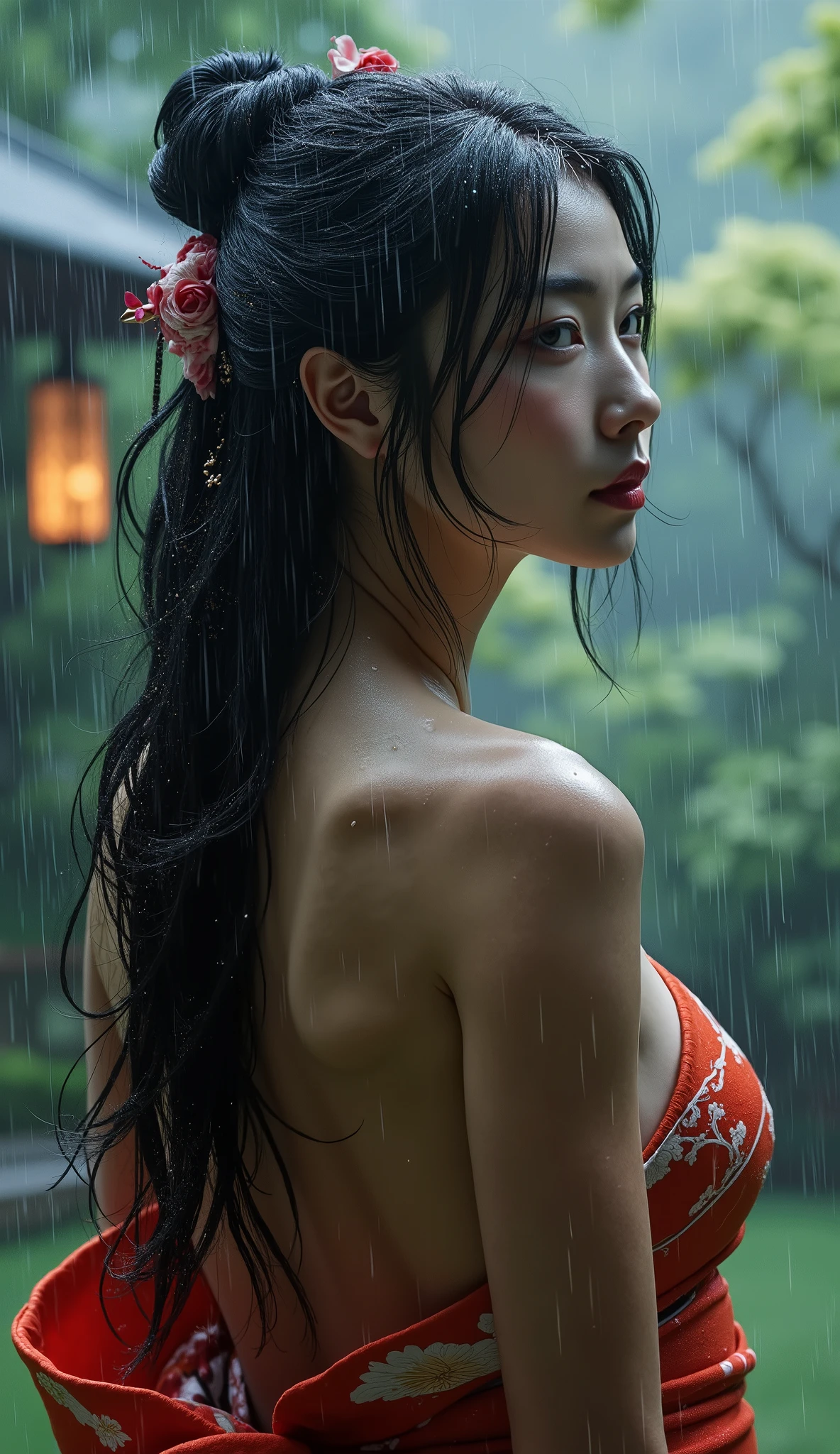 Highest Quality 、high quality 、 最High Precision、High Precision、8K Quality、high image quality 、Highest Quality、 masterpiece 、immersive video、 very realistic image 、Realistic Painting、 perfect details 、 high contrast 、High Fidelity、 perfect photo without blurring、close to reality、 An image that has been faithfully reproduced down to the smallest detail、 Detailed and REALISTIC WEAPON 、 exquisite and realistic human skin 、 realistic face in every detail、 Realistic eyes in detail 、 Something that depicts realistic lips down to the smallest detail 、 detailed and real teeth、Realistic Ears、 Realistic Hair 、((Japanese Model))､((Beautiful mature woman))、((Madame))、((Adult face))、(( black hair))、((big breasts))、((slim and perfect mature body))、(((Wet skin all over  )))､((Traditional Japanese Garden))、((Rain clouds spreading across the sky))、((Heavy Rain Weather))､(( downpour))、((Stormy wind and rain))、(((Wear a kimono by exposing your thighs,sexy kimono)))、(((雨に濡れたWear a kimono by exposing your thighsが肌にぴったりとフィットする))、(((雨に濡れたWear a kimono by exposing your thighsを通して彼女のボディーラインがはっきりと見える)))、(( Raindrops on a wet kimono  ))､((( Poses That Make Your Thighs Look Beautiful )))､((   subject close-up  ))
